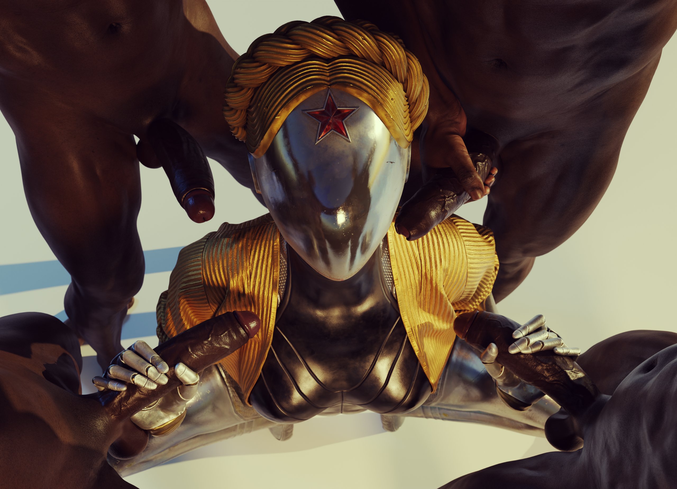 3d, atomic heart, blender, dark skin, dark-skinned male, double handjob, female, handjob, male, multiple boys, multiple males, robot, robot girl, sfmlover22, star, the twins (atomic heart)
