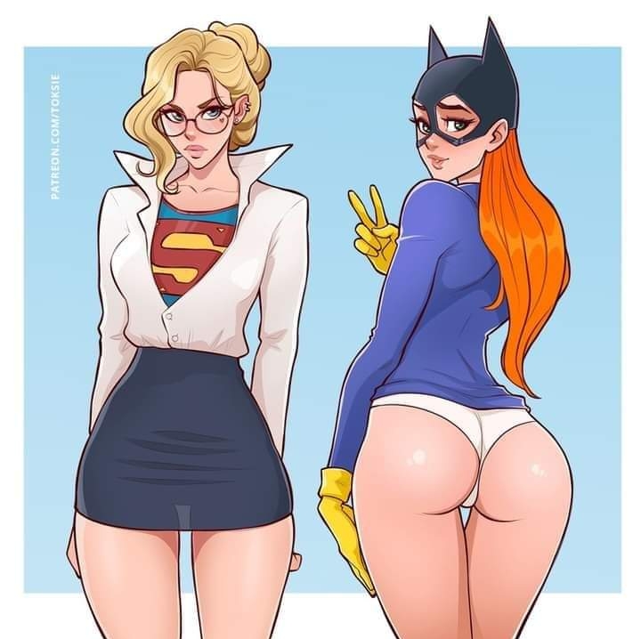 2girls alien alien_girl alien_humanoid ass barbara_gordon batgirl batman_(series) big_ass blonde_hair cape curvy curvy_female curvy_figure dat_ass dc dc_comics duo female female_only kara_zor-el kryptonian light-skinned_female office_lady panties pencil_skirt red_hair solo_female straight_hair supergirl superheroine superman_(series) toksie white_panties wide_hips