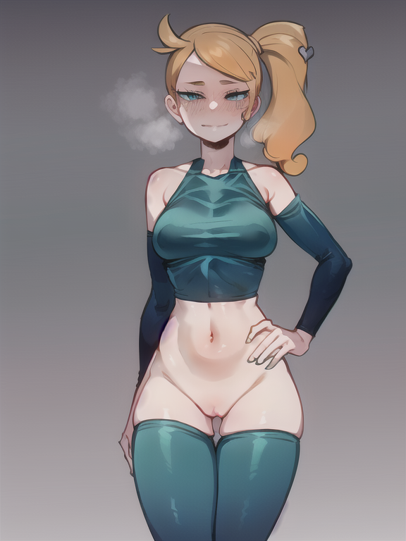 ai generated, bangs, bare shoulders, blue eyes, blue thighhighs, blush, breasts, closed mouth, collarbone, covered nipples, crop top, detached sleeves, eyelashes, female, female focus, female only, game freak, green thighhighs, grey background, hair ornament, hand on hip, heart, heart hair ornament, long hair, looking at viewer, nai diffusion, navel, nintendo, orange hair, pokemon, pokemon ss, pokemon trainer, pussy, shirt, side ponytail, skindentation, smile, solo, sonia (pokemon), stable diffusion, thighhighs