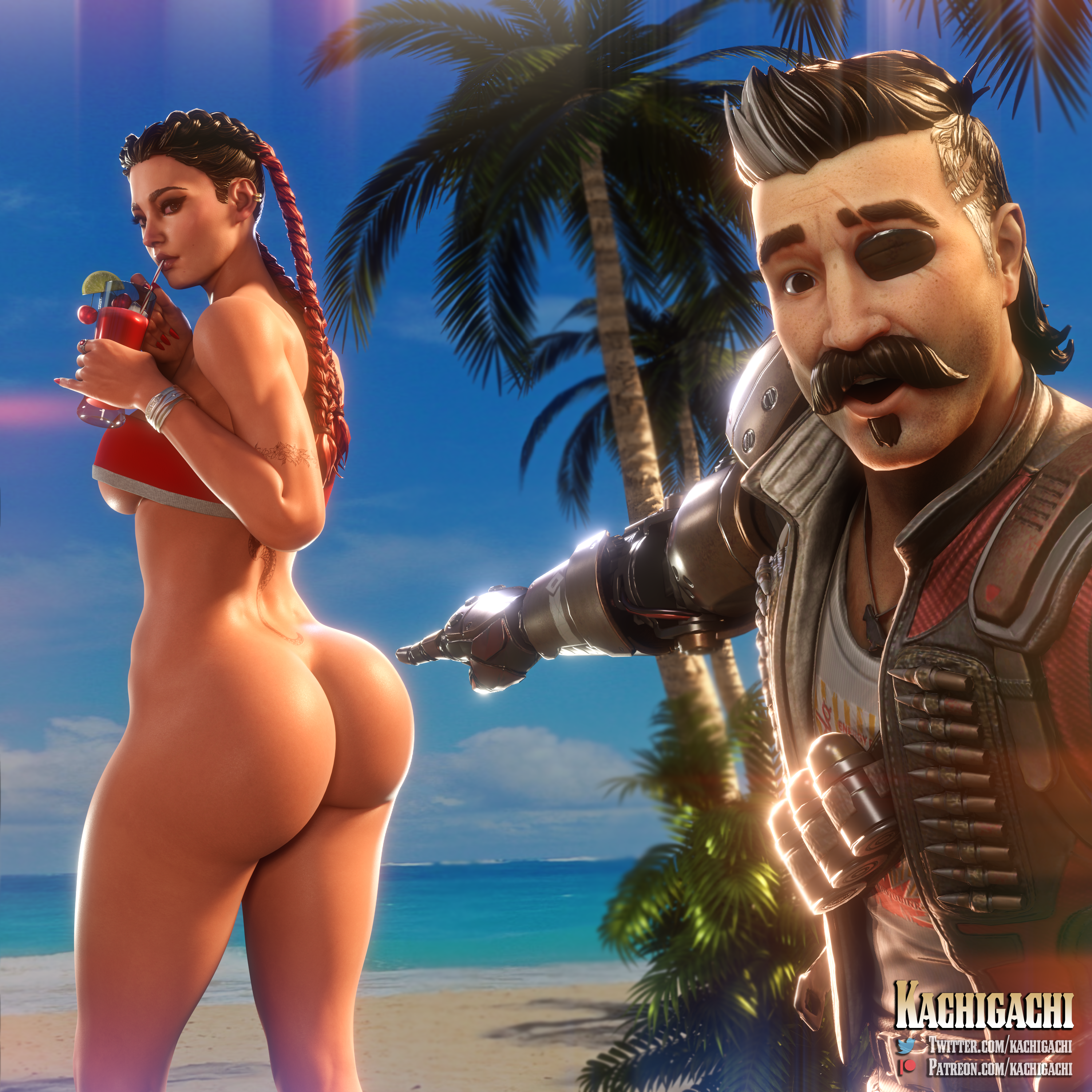 3d, apex legends, ass, beach, big ass, big breasts, bikini top, bottomless, bottomless female, braided hair, braided twintails, breasts, dark skin, dark-skinned female, drinking, female, fuse (apex legends), kachigachi, latina, loba (apex legends), meme, patreon username, pointing, pointing soyjak, respawn entertainment, spankable, tattoo, thick ass, thick thighs, twitter username, two-tone hair, underboob