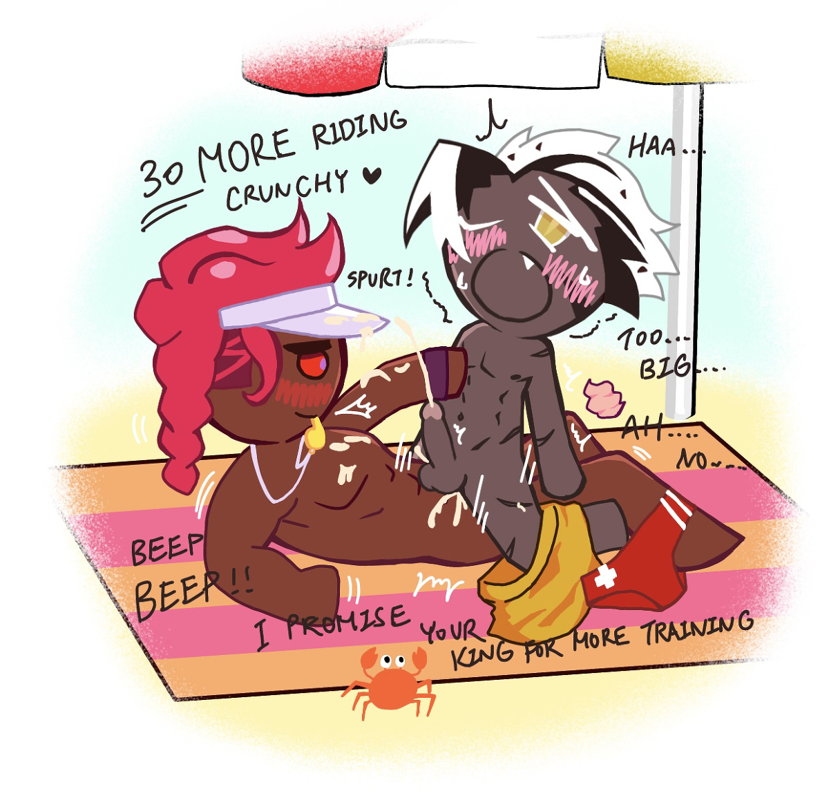 2boys, ass, beach, beach sex, blush, cookie, cookie run, cookie run kingdom, cowgirl position, crunchy chip cookie, cum, cum in ass, cum inside, dark skin, dark-skinned male, gay, gay sex, madcell moon, male, male only, male/male, public, public sex, sex, wildberry cookie