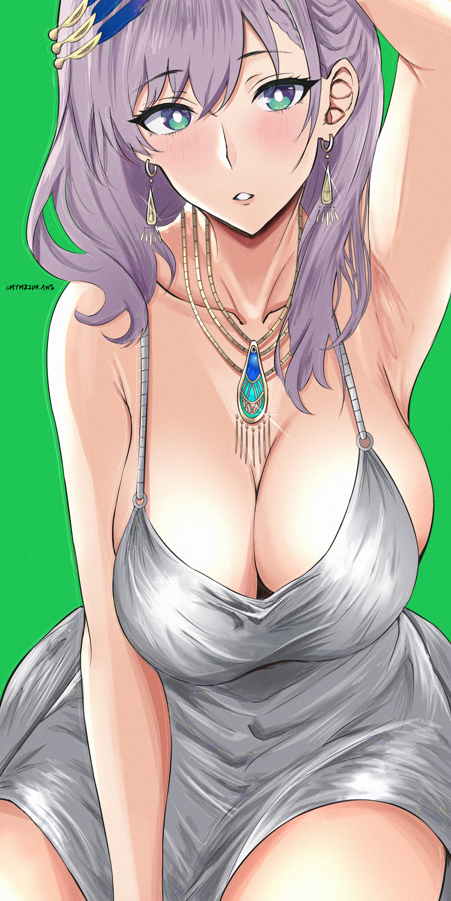 1girls, armpits, big breasts, blue eyes, blush, breasts, cleavage, dress, female, green background, hair ornament, hololive, hololive indonesia, hololive indonesia holoro, large breasts, light skin, light-skinned female, mymzi (mymzidraws), necklace, pavolia reine, silver hair, virtual youtuber