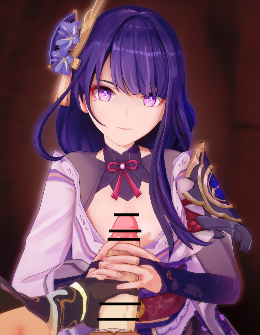 1boy, 1girls, 3d, aether (genshin impact), big penis, female, genshin impact, gloves, hands, holding, imminent oral, koikatsu, light skin, light-skinned female, light-skinned male, long hair, male, mihoyo, penis, pleasure face, purple eyes, purple hair, raiden shogun, veiny penis
