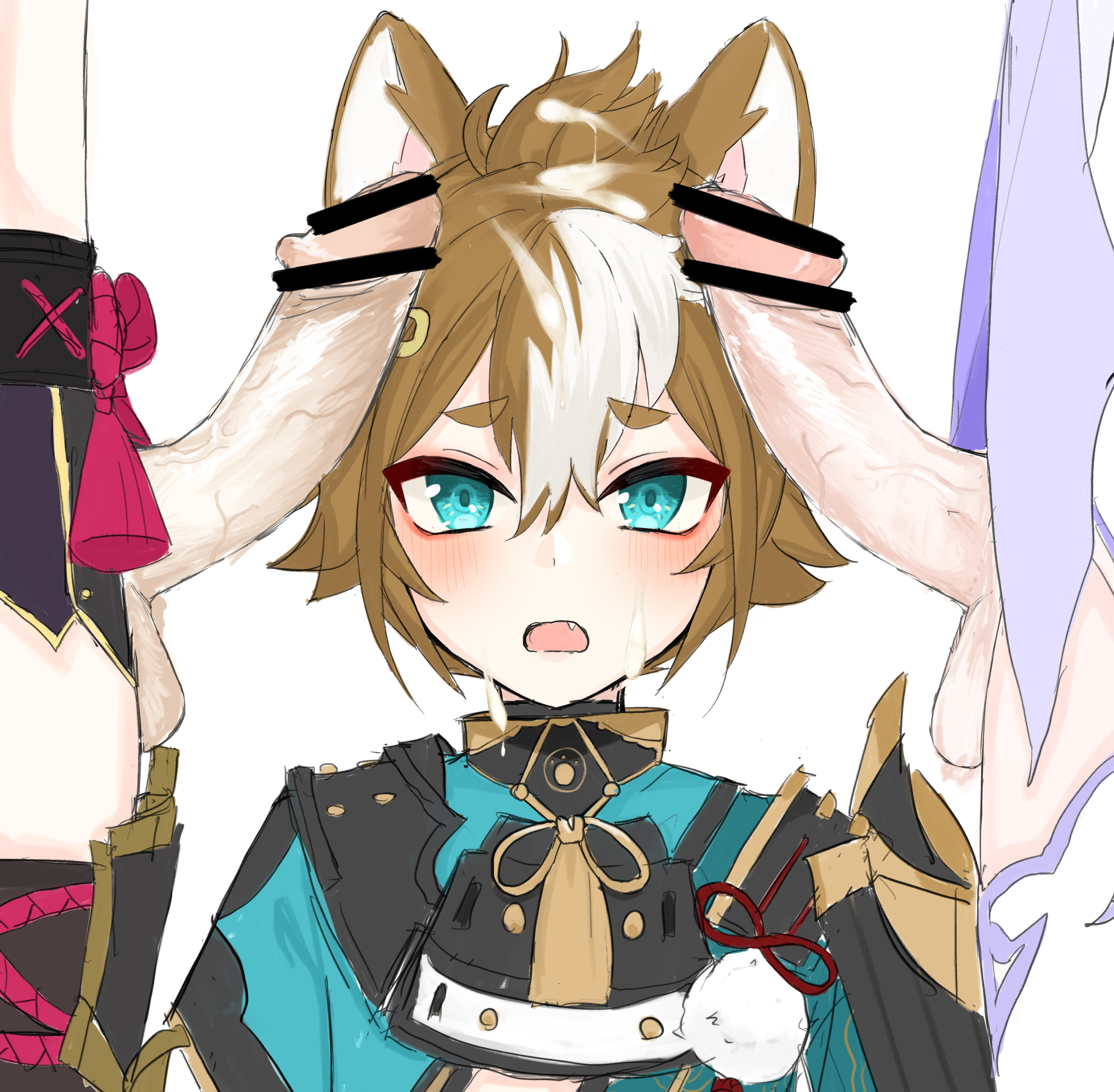 1boy, 2futas, animal ears, ass, asuka su, bar censor, before oral, big penis, censored, choice, clothing, color, cum, cum on body, dog ears, drawing, erection, femboy, fully clothed, futa on futa, futa on male, futanari, genshin impact, gorou (genshin impact), huge ass, huge cock, human, humanoid, imminent oral, intersex, kemonomimi, kuki shinobu, light skin, light-skinned futa, light-skinned male, male, male focus, mihoyo, penis, sangonomiya kokomi, standing, thighhighs, veiny penis