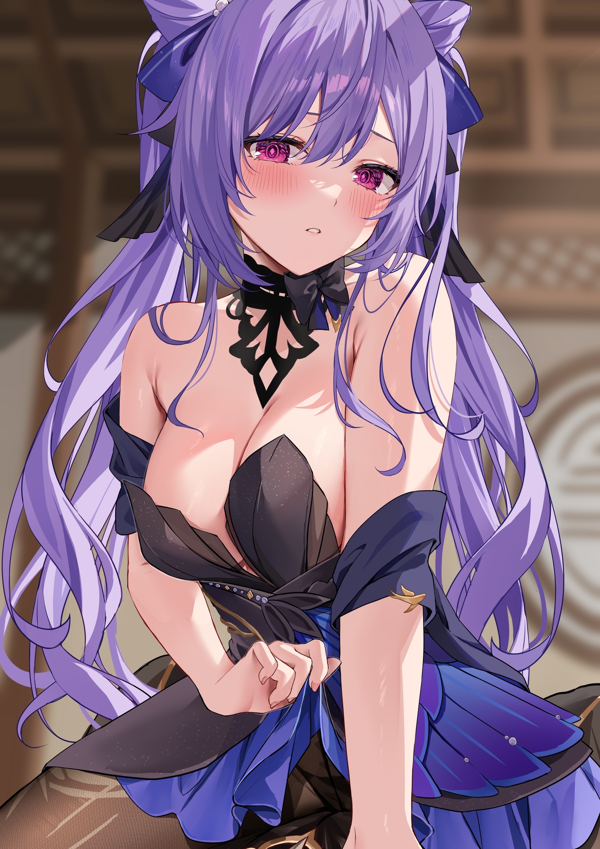 1boy, 1girls, aether (genshin impact), before sex, belt, big breasts, breasts, color, dominant female, domination, drawing, female, female on top, femdom, genshin impact, hizuki higure, horny female, imminent penetration, keqing (genshin impact), keqing (opulent splendor) (genshin impact), long hair, male, mihoyo, on top, purple hair, straight, twintails, visible underwear