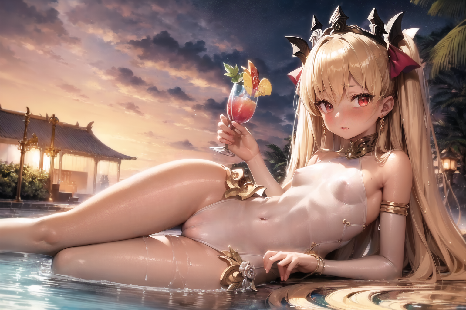 1girls, ai generated, blonde hair, breasts, drink, earrings, ereshkigal (fate), fate (series), fate/grand order, female, glass, hair ribbon, jewelry, looking at viewer, lying, nai diffusion, on side, outdoors, partially submerged, ribbon, see-through, see-through swimsuit, small breasts, solo, stable diffusion, swimsuit, twintails, water, white swimsuit