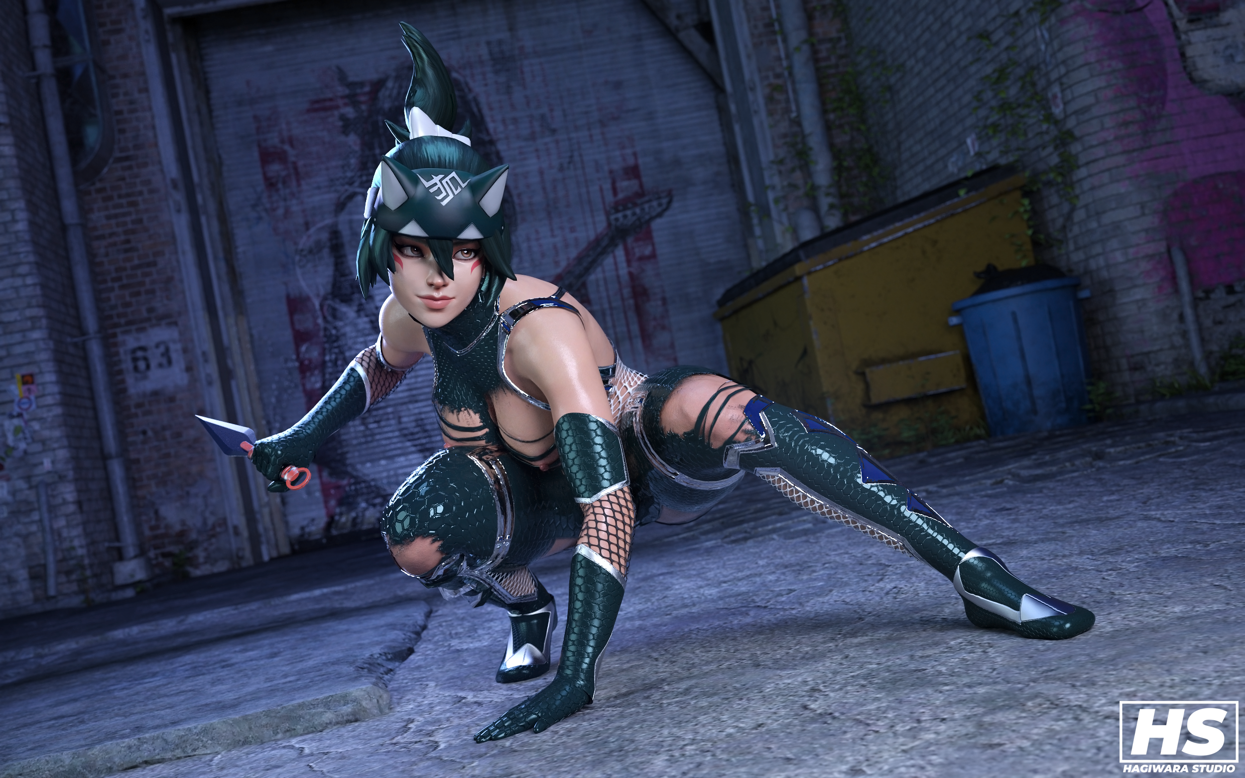 1girls, 3d, dark green hair, face tattoo, female, female only, green hair, hagiwara studio, jumpsuit, kiriko (overwatch), kiriko kamori, overwatch, overwatch 2, tagme, taimanin suit