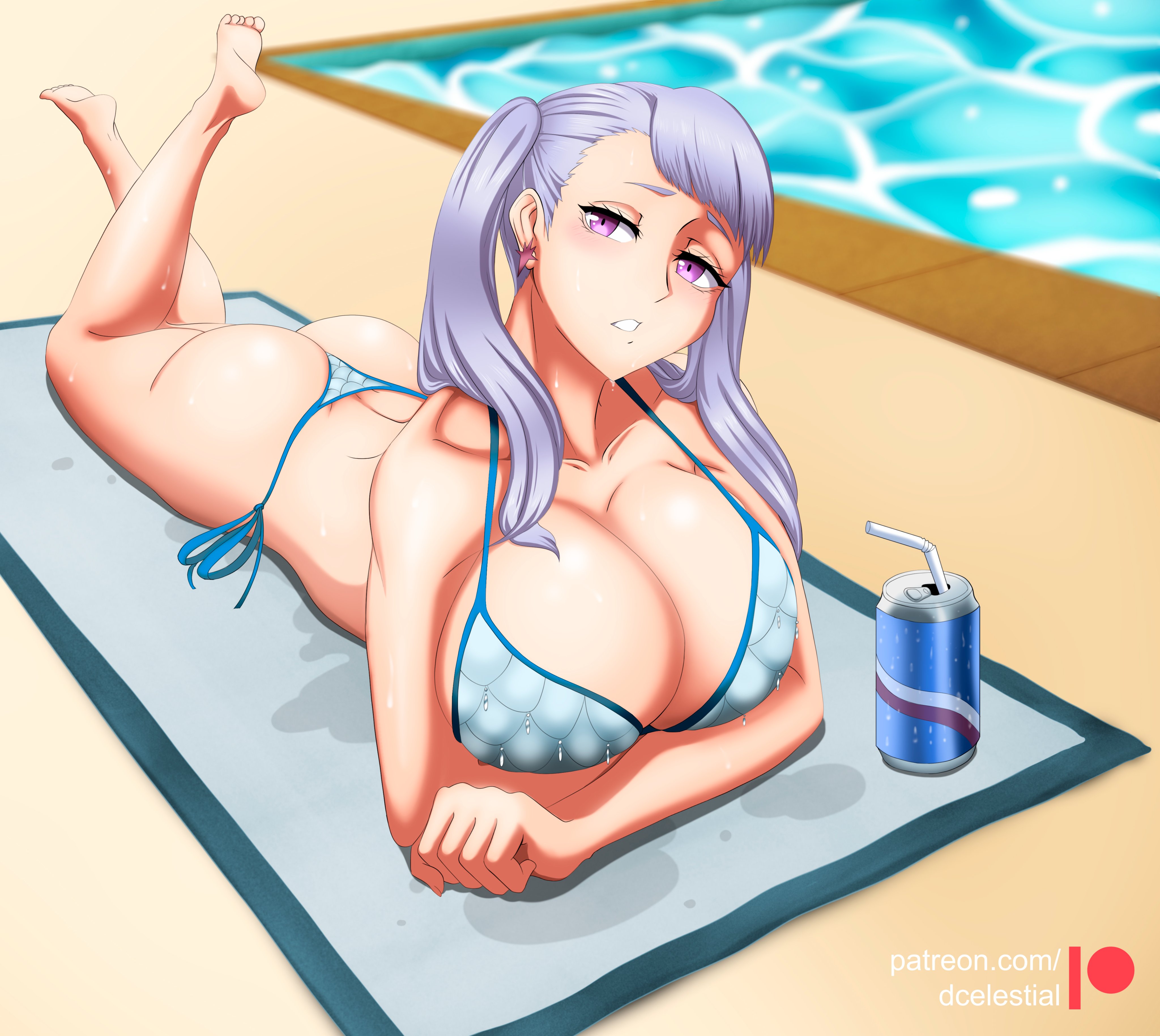 1girls, big breasts, black clover, breasts, female, female only, huge breasts, laying on stomach, noelle silva, purple eyes, silver hair, solo, swimsuit, thong, thong bikini, twintails