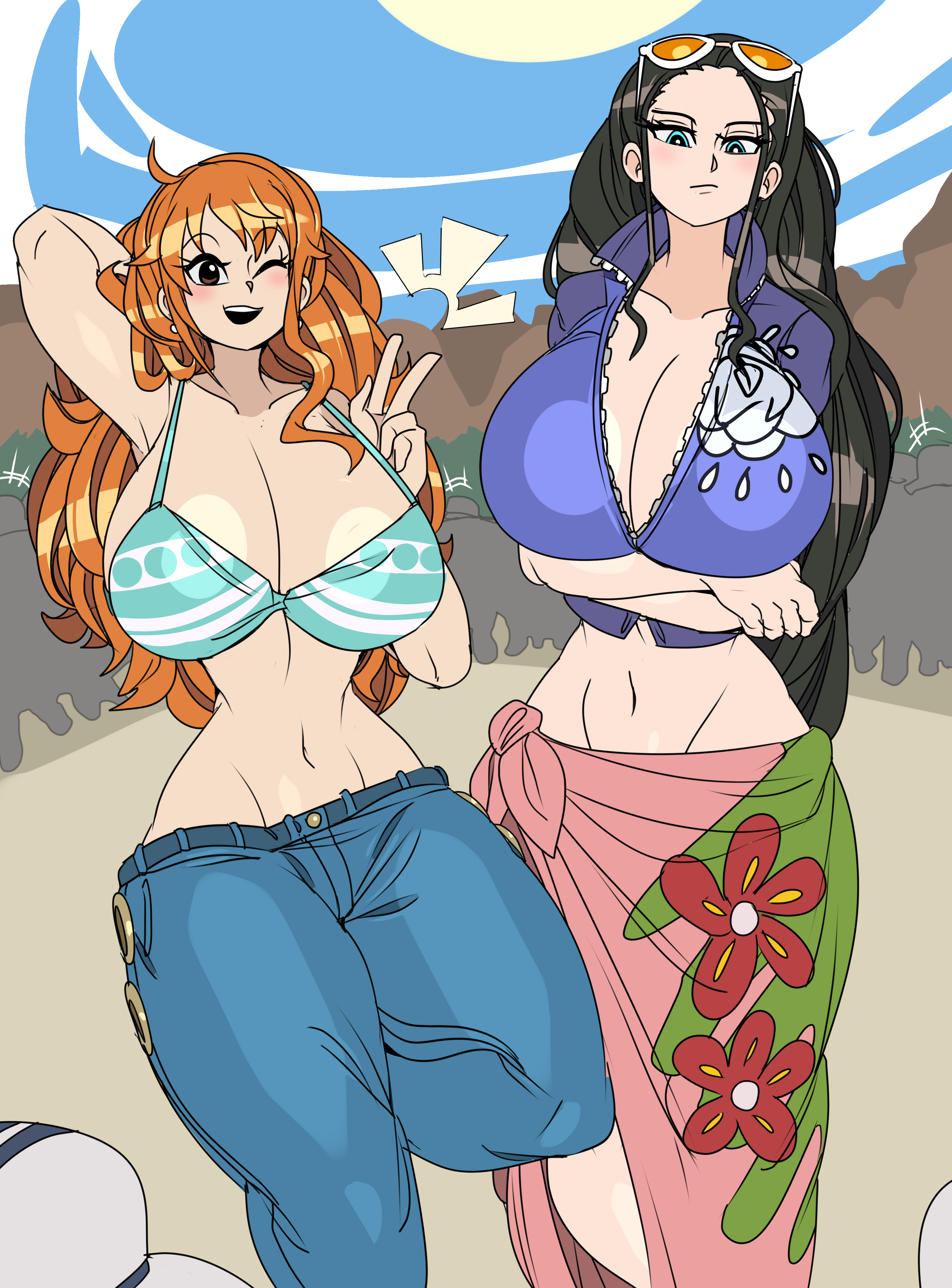 2girls, arms crossed, arms crossed under breasts, big breasts, bikini, black hair, breasts, busty, captain kirb, cleavage, clothing, female, female only, huge breasts, jeans, large breasts, long hair, looking at viewer, nami (one piece), nico robin, one piece, orange hair, outside, post-timeskip, sarong, striped bikini, sunglasses, sunglasses on head, thick thighs, v sign, wide hips, wink, winking at viewer