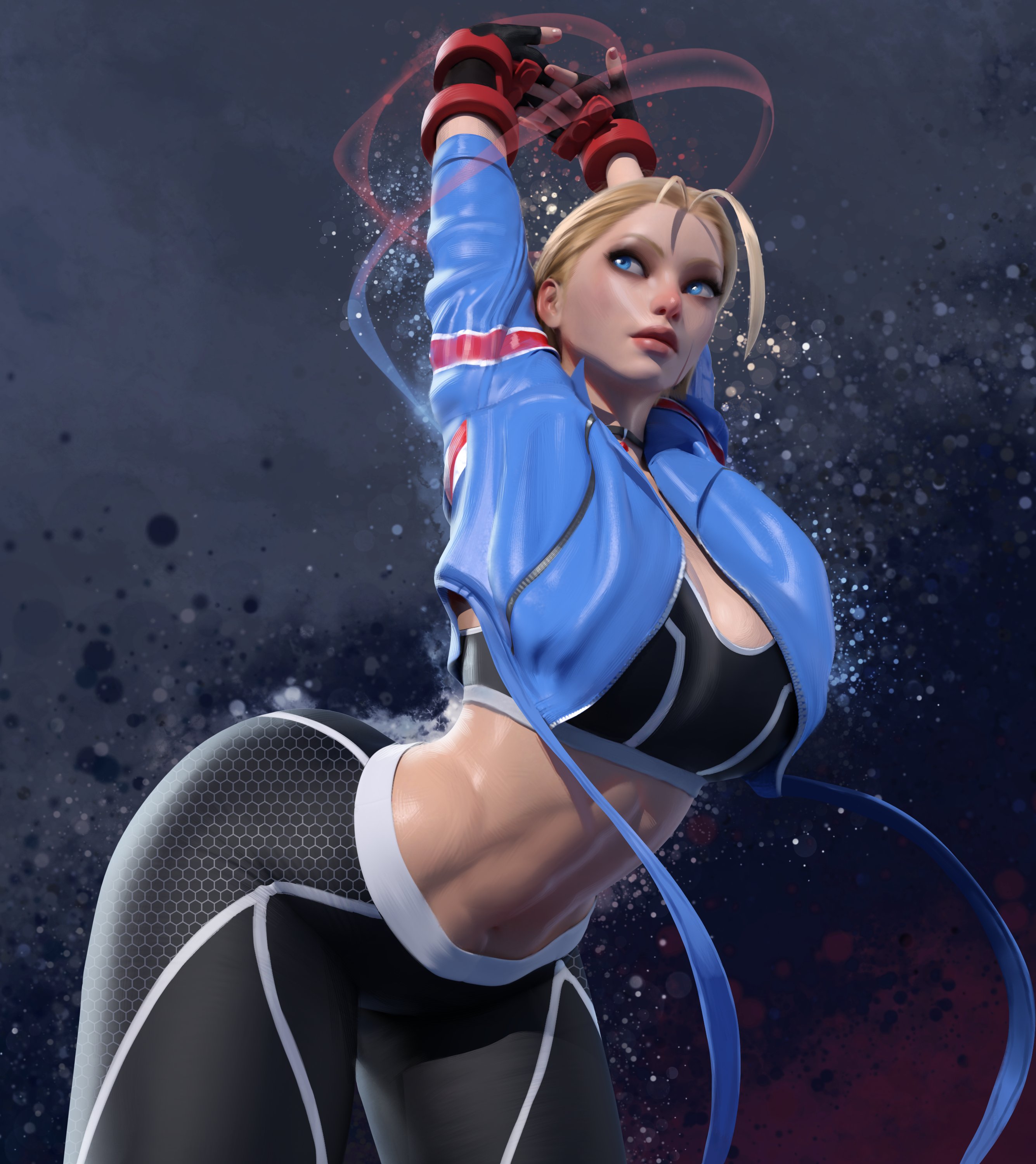 1girls, 3d, 3d (artwork), ass, belly button, big ass, big breasts, big butt, blonde hair, blue eyes, bottomwear, breasts, cammy stretch, cammy white, clothed female, clothing, curvaceous, female, female focus, female only, fully clothed, jacket, leaning forward, light skin, light-skinned female, looking away, midriff, popogori, solo, solo female, sports bra, street fighter, street fighter 6, stretching, thick thighs, yoga pants