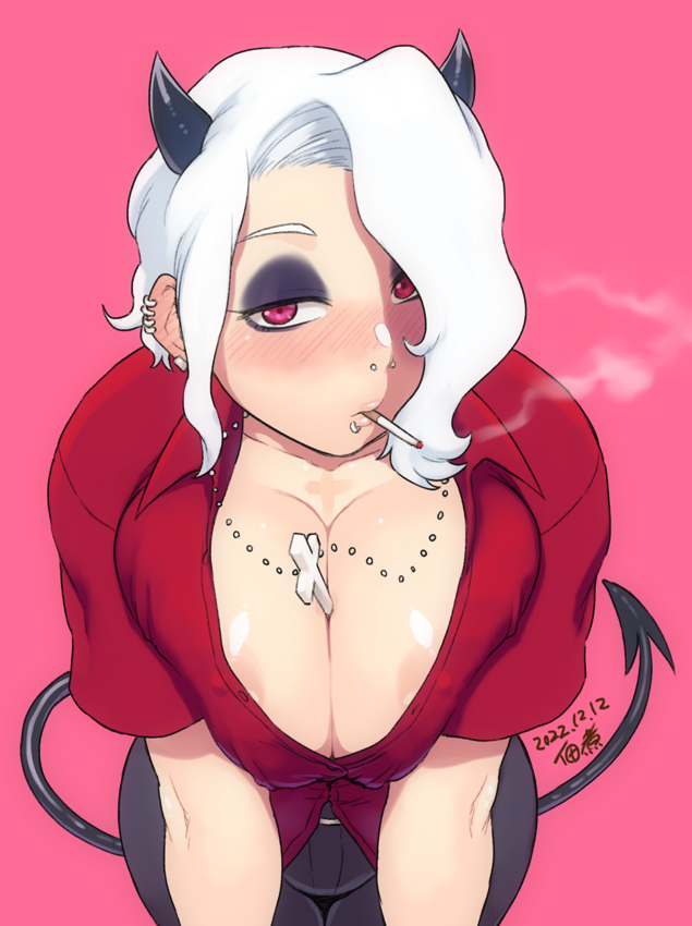 1girls 2022 2d black_pants blush breasts cigarette cross crouch dated demon_tail female helltaker horns looking_at_viewer necklace piercings pink_background red_eyes red_shirt smoke smoking tagme tsukudani_(coke-buta) tukudani white_hair zdrada_(helltaker)