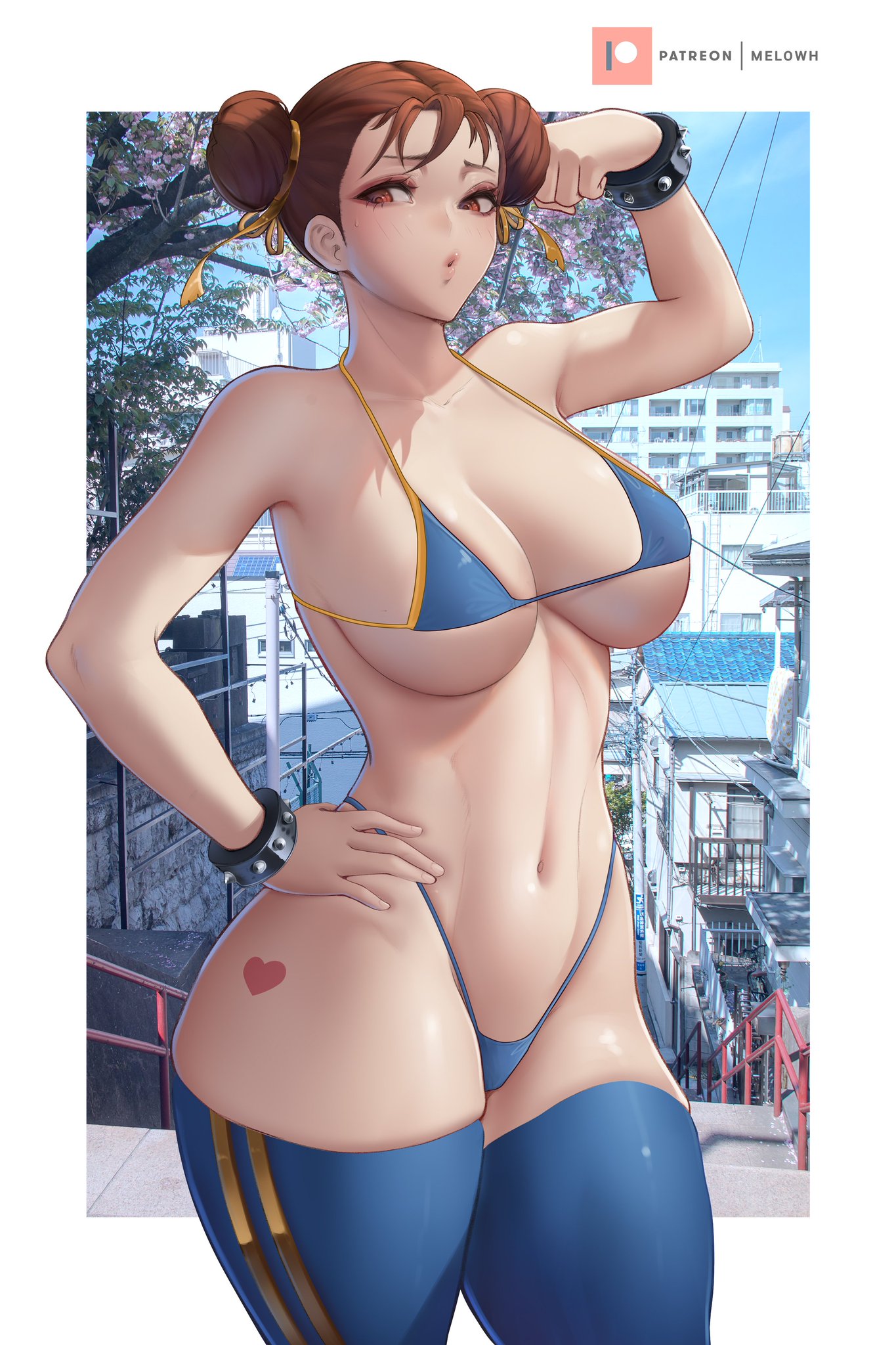 1girls, 2023, big breasts, bikini, breasts, brown hair, brunette, chun-li, city, city background, curvaceous, curvy body, curvy female, female, female focus, female only, hair bun, hi res, hips, huge breasts, latex stockings, latex thighhighs, latex thong, looking at viewer, melowh, red eyes, seductive eyes, stockings, street fighter, thick, thick thighs, thighs, voluptuous, voluptuous female, wide hips