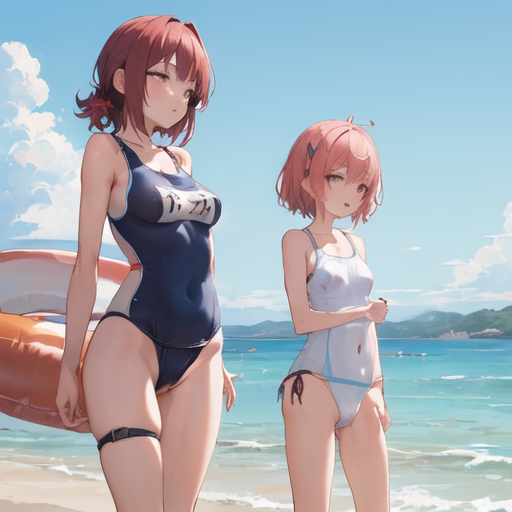 2girls ai_generated beach brown_hair female female_only inframammary_clothing_crease medium_breasts pink_hair short_hair shortstack small_breasts swimsuit taller_girl thighs tight_clothing tight_fit