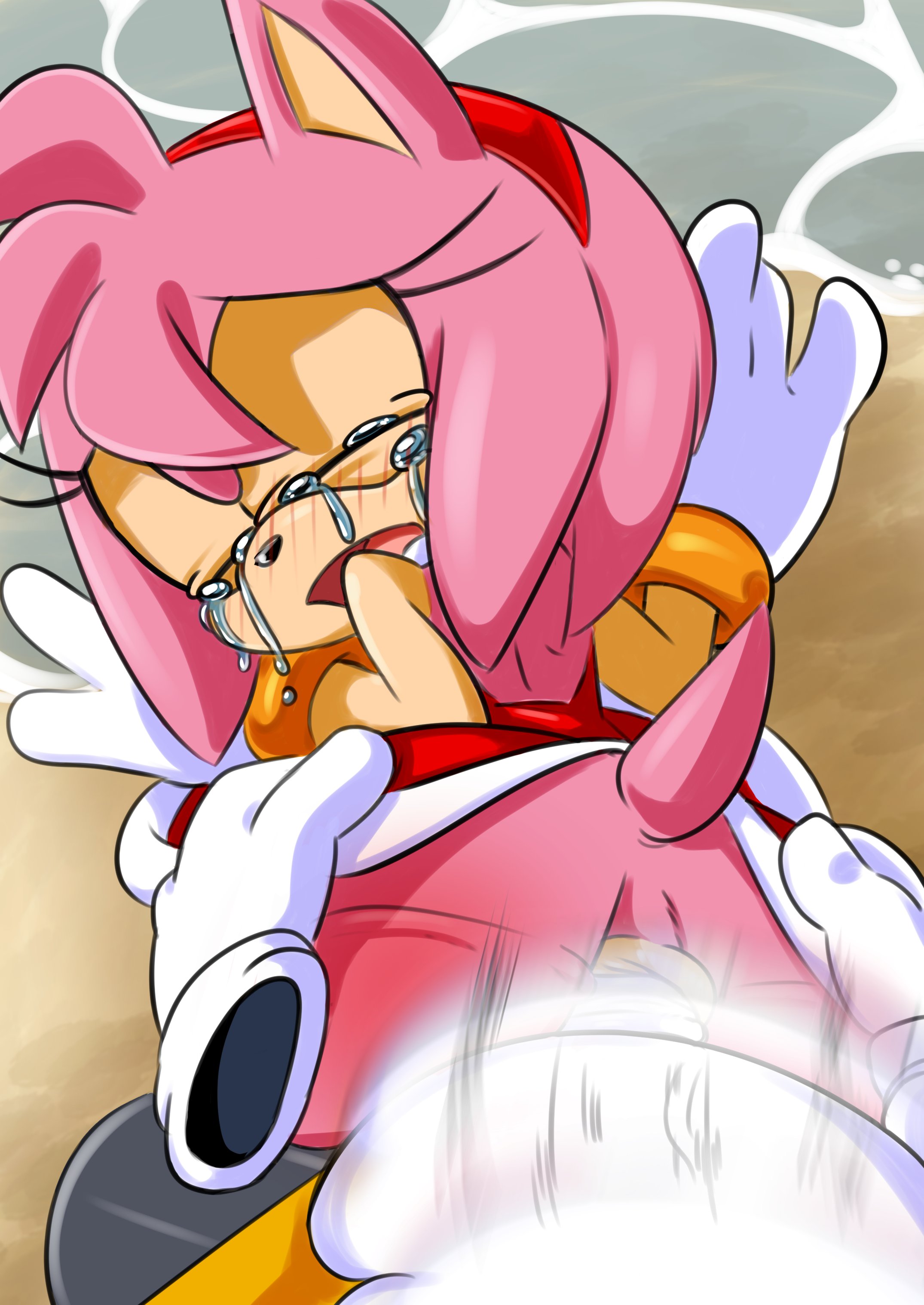 amy rose, anal, anal sex, ass, crying, female, female penetrated, horrified, looking back, male, painal, partially clothed, penis, pokachu (artist), questionable consent, sex, sonic (series), sonic the hedgehog (series), straight, tails, tails the fox