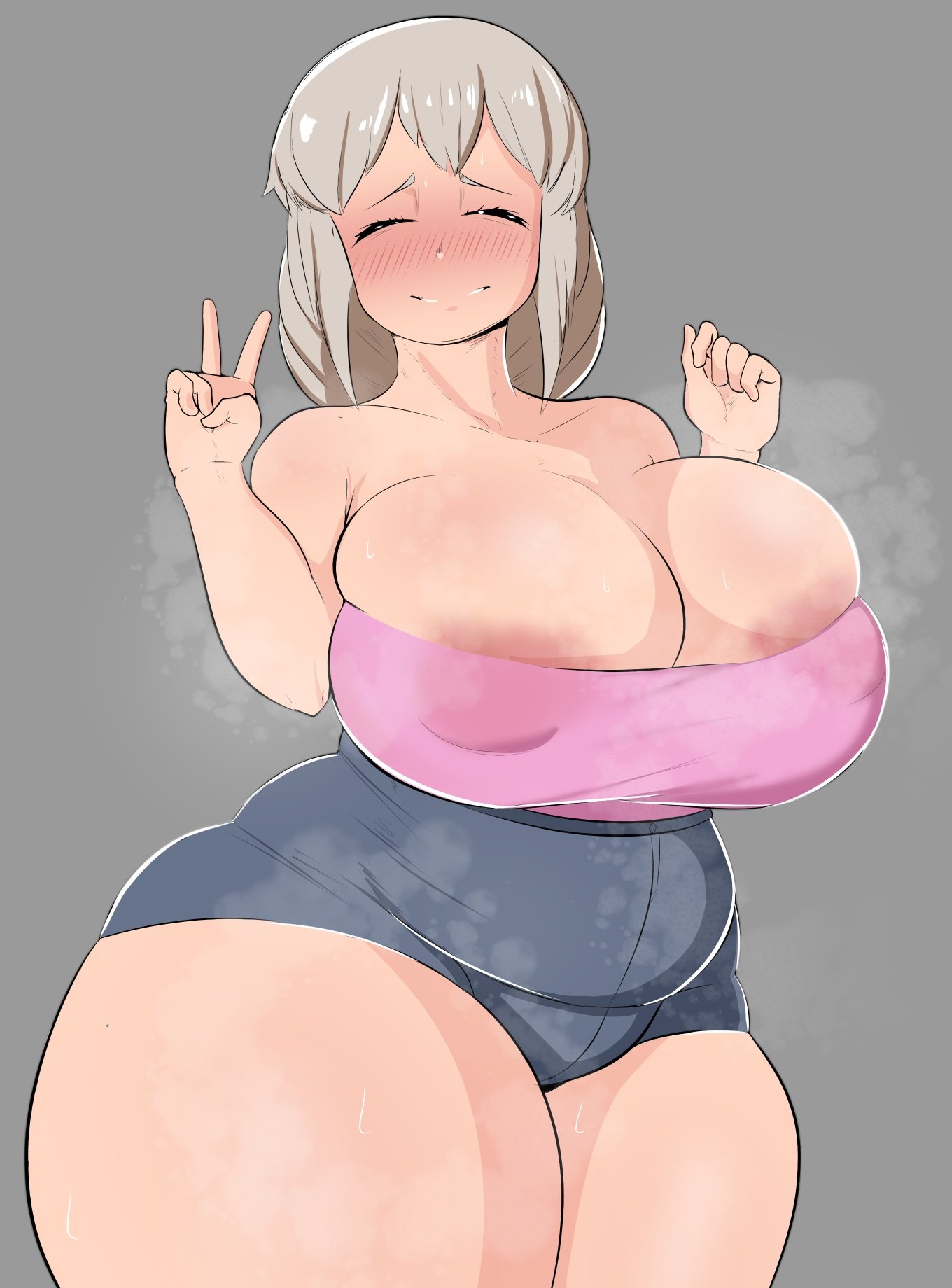 1girls, areola slip, areolae, big breasts, blue shorts, blush, breasts, cleavage, closed eyes, clothing, female, female only, grey hair, hair, hips, huge breasts, inkodoku, mature, mature female, milf, mother, peace sign, pink topwear, shorts, solo, solo female, thick thighs, thighs, uzaki tsuki, uzaki-chan wa asobitai!, wide hips
