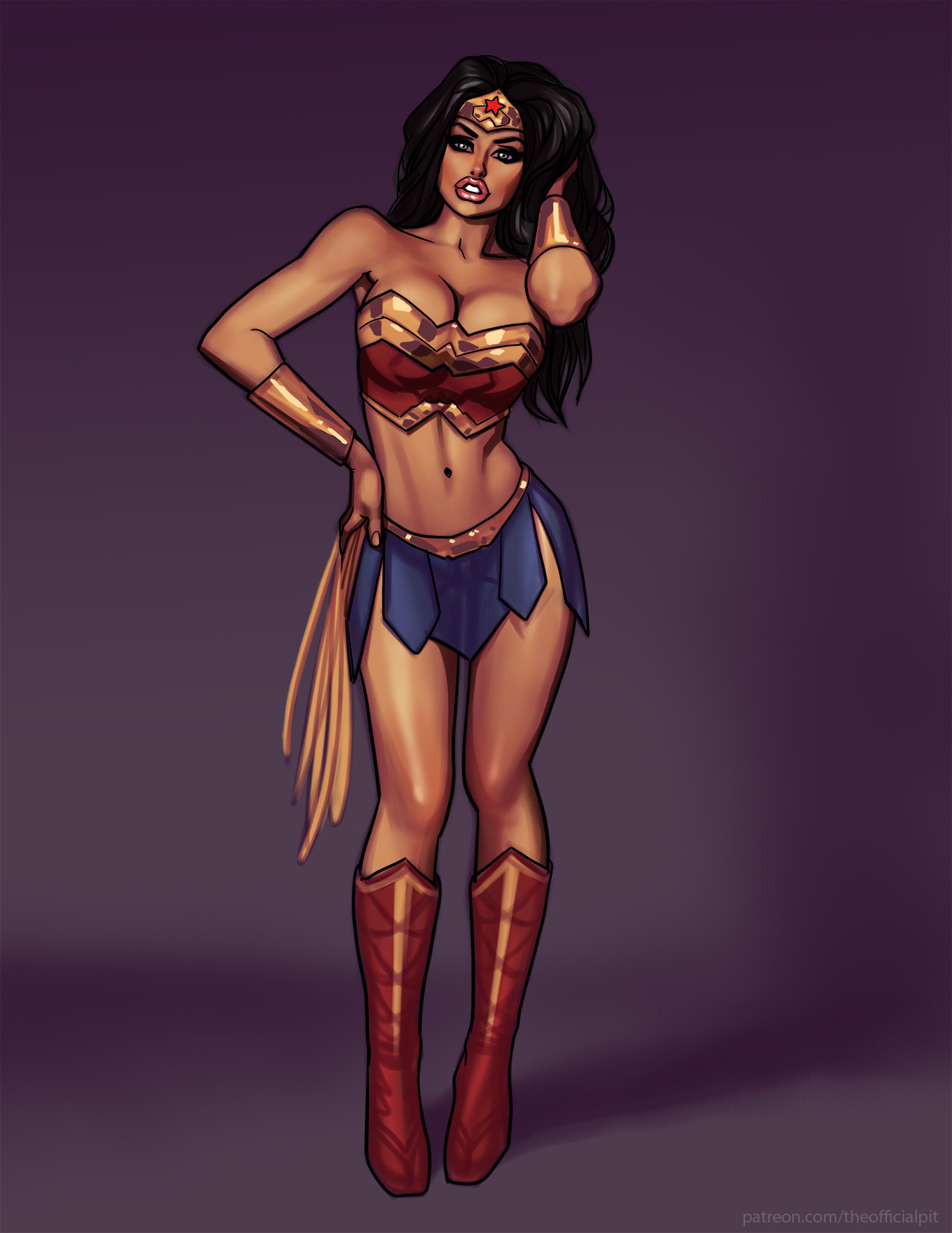 ass, bimbo, breasts, dc, dc comics, female, high heels, huge ass, huge breasts, midriff, miniskirt, navel, solo, tan, theofficialpit, thick lips, thick thighs, wonder woman, wonder woman (series)