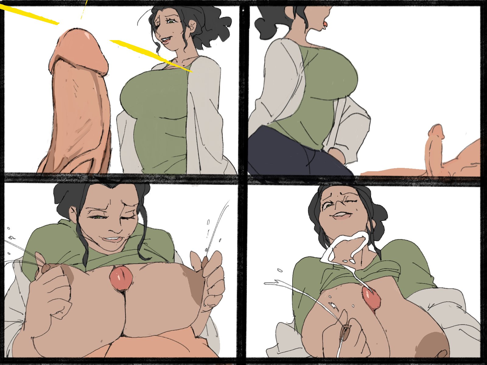 4koma, big breasts, black hair, boobjob, breasts, comic panel, cum on breasts, curvy figure, dark skin, female, female focus, huge breasts, milf, milk squirt, smiling, tabblues, tan skin, titfuck, top heavy, wavy hair