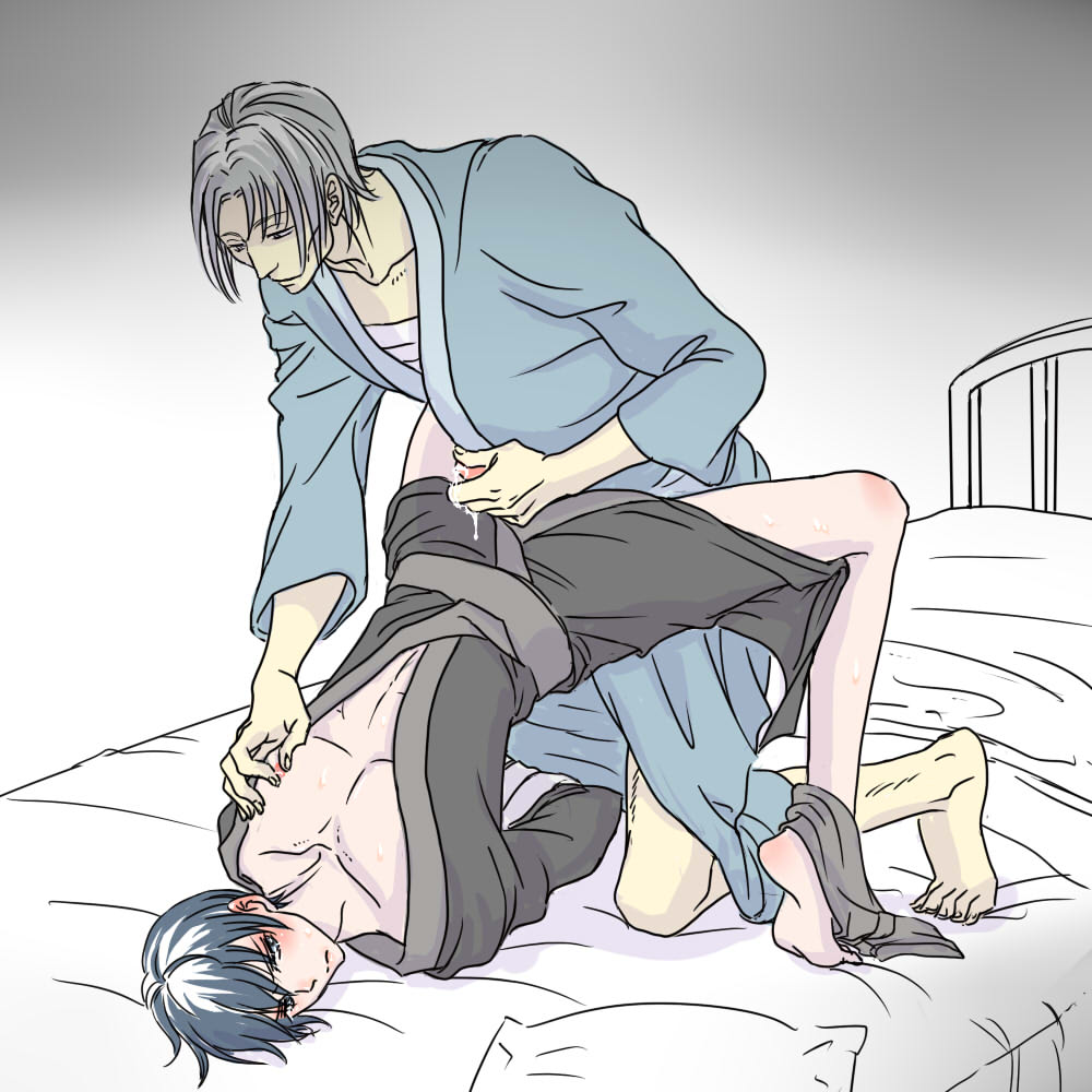 2boys age_difference aqr_iwa arms_behind_back ass_up bishonen gintama hair_down handjob hijikata_toshiro hospital hospital_bed kimono kneeling male male_only nipple_tweak official_alternate_costume older_dom_younger_sub penis precum sasaki_isaburo sweat uncensored upside-down yaoi