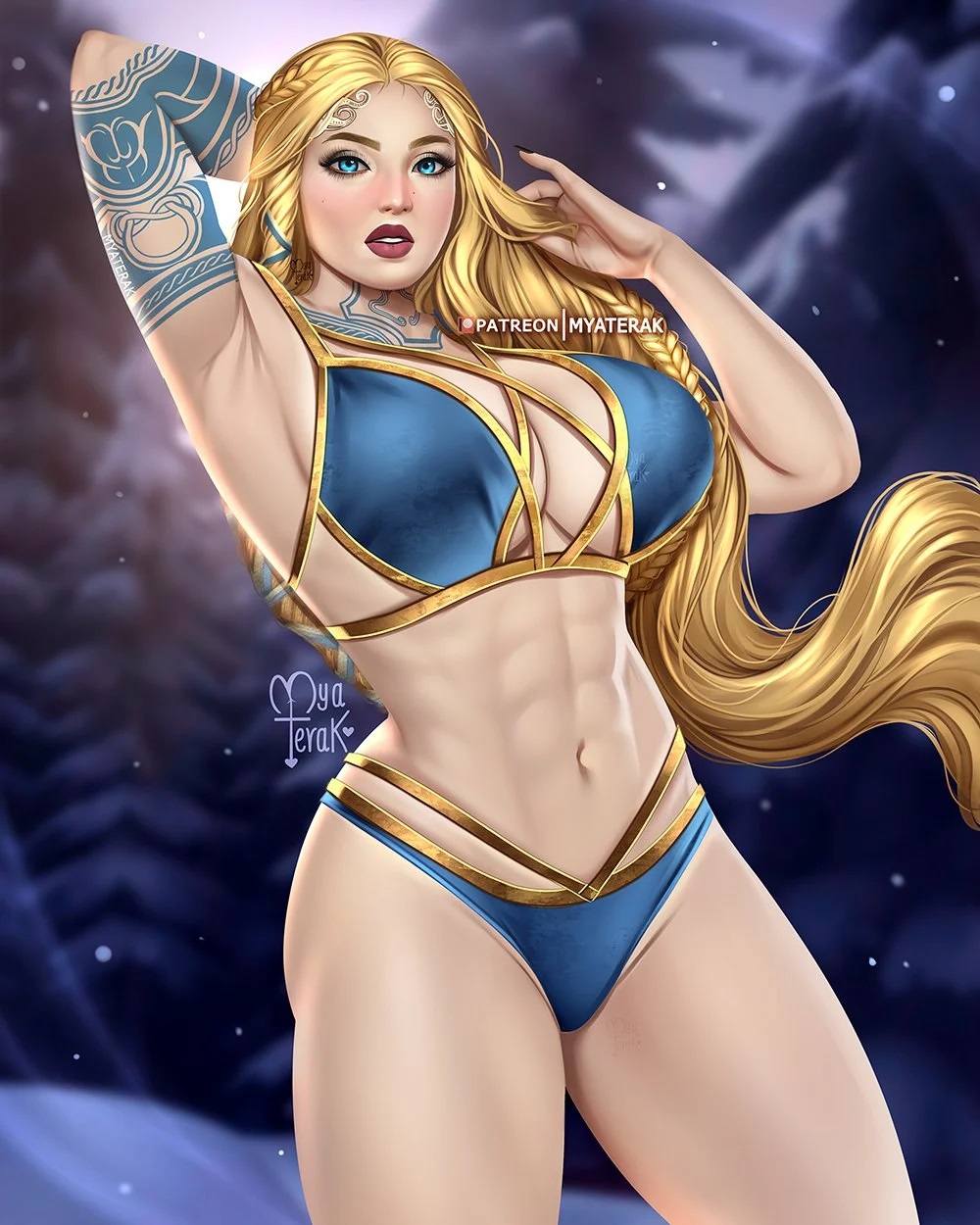 1girls abs aesir_(norse_mythology) big_breasts bikini bikini_bottom bikini_top black_nails blonde_hair blue_bikini blue_eyes braided_hair breasts cleavage female female_focus female_only front_view god_of_war god_of_war_ragnarok goddess hand_on_hair hand_on_head long_hair looking_at_viewer milf mother muscular muscular_female myaterak mythology navel norse_mythology outdoors patreon_username red_lips santa_monica_studio sif_(god_of_war) solo sony_corporation sony_interactive_entertainment tattoo tattooed_arm tattoos thick_thighs thighs toned toned_female