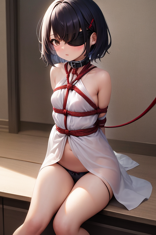 1girls ai_generated blindfolded blue bondage breasts clothed female girl hair in leash ohegao only panties short sitting small