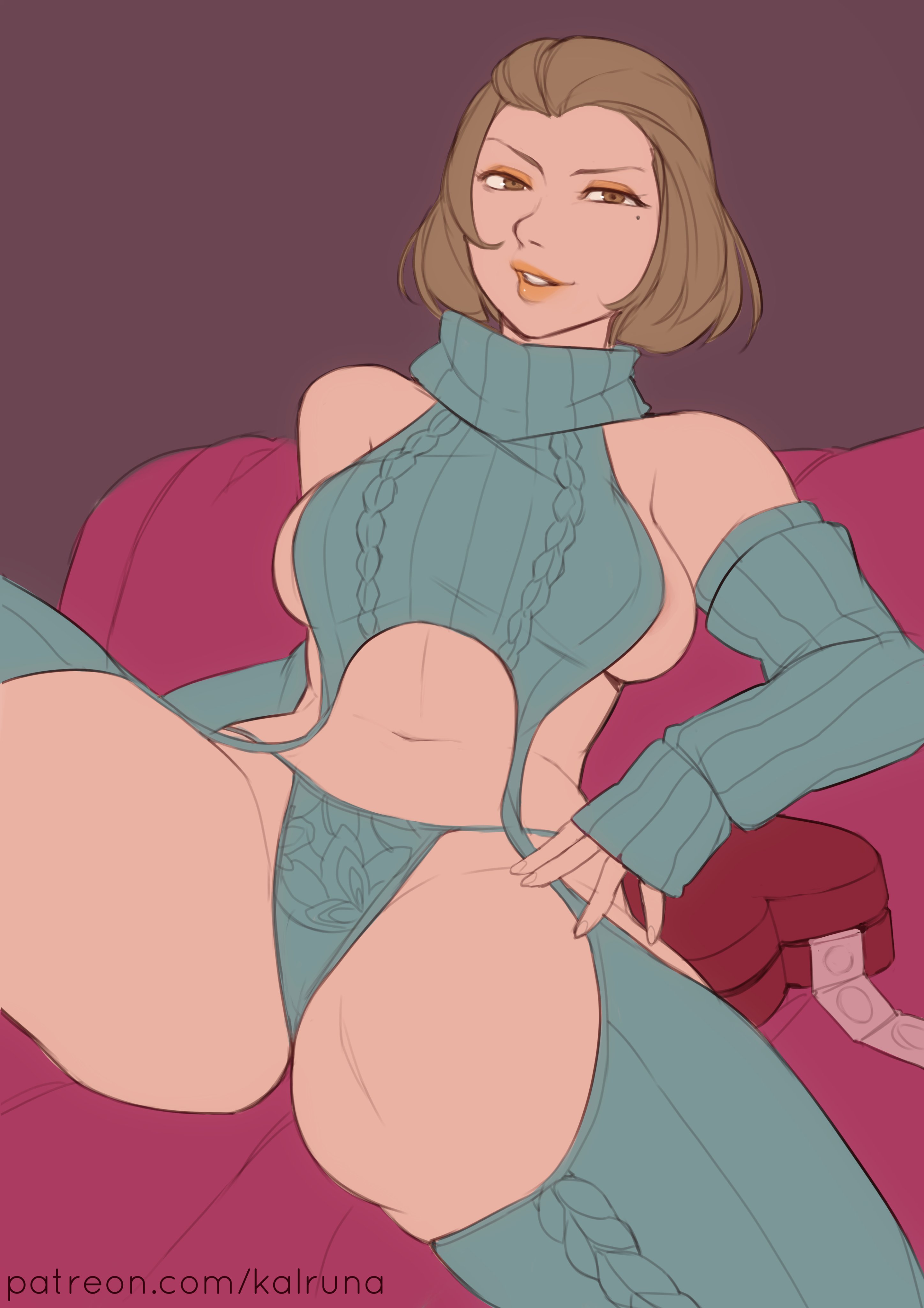 1girls, bare thighs, beauty mark, breasts, brown eyes, brown hair, condom, condom wrapper, detached sleeves, eyeshadow, female, female only, fire emblem, fire emblem: three houses, garter straps, gift, green panties, heart, kalruna, lipstick, looking at viewer, makeup, manuela casagranda, medium breasts, mole, mole under mouth, nintendo, orange eyeshadow, orange lips, orange lipstick, panties, short hair, sideboob, smile, solo, spread legs, sweater, thick thighs, thighhighs, underwear, virgin destroyer sweater, virgin killer sweater
