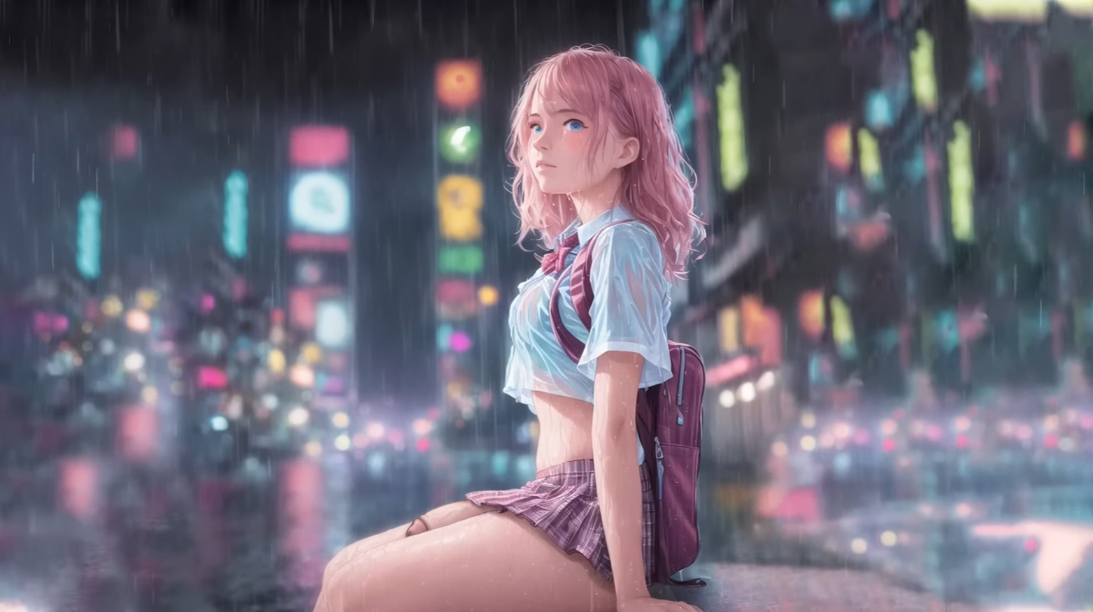1futa, artist request, big penis, bottomless, breasts, clothed, clothing, dickgirl, exposed penis, female, flaccid, futa only, futanari, human, intersex, light skin, light-skinned futa, long hair, mostly clothed, penis, penis out, penis under skirt, pink hair, public exposure, rain, school uniform, schoolgirl, sitting, skirt, solo, source request, wet, wet clothes