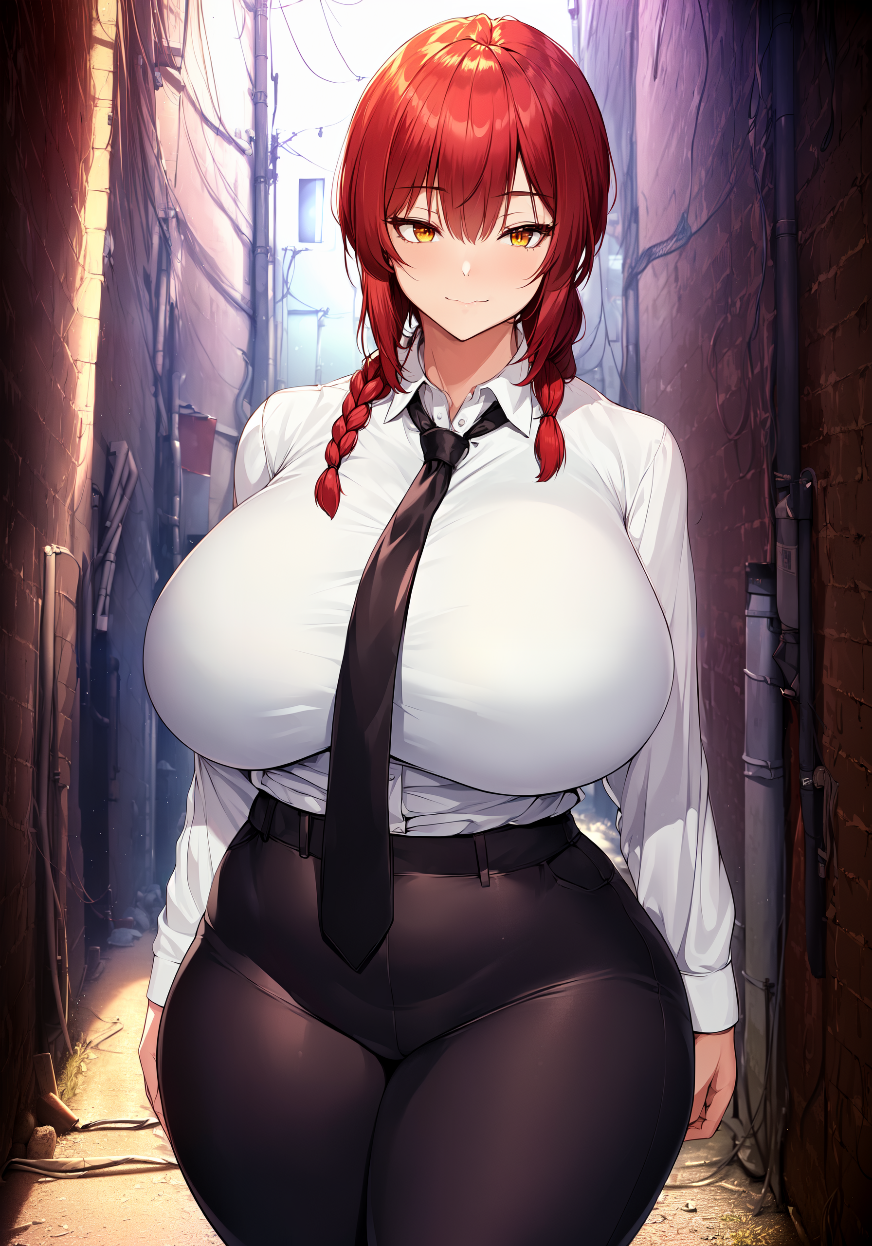 1girls, ai generated, braided hair, breasts, chainsaw man, female, hips, huge breasts, light skin, light-skinned female, long hair, looking at viewer, makima (chainsaw man), office lady, red hair, smile, stable diffusion, thick thighs, thighs, wide hips
