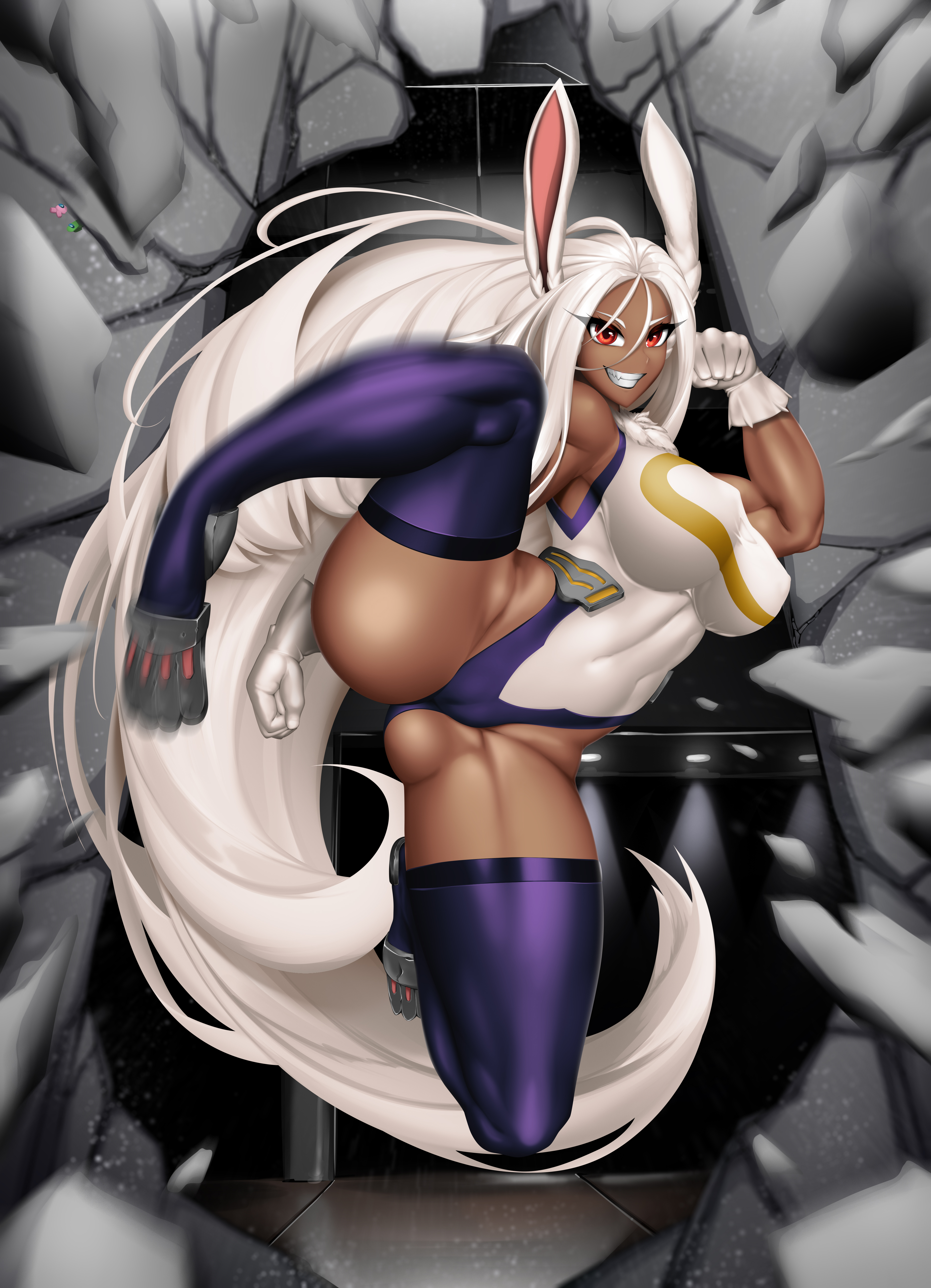 ass, athletic, athletic female, breasts, dark skin, dark-skinned female, female, huge ass, huge breasts, miruko, my hero academia, rikatsuky, rumi usagiyama, smile, solo, solo female, solo focus, thick thighs, toned, toned female, wide hips