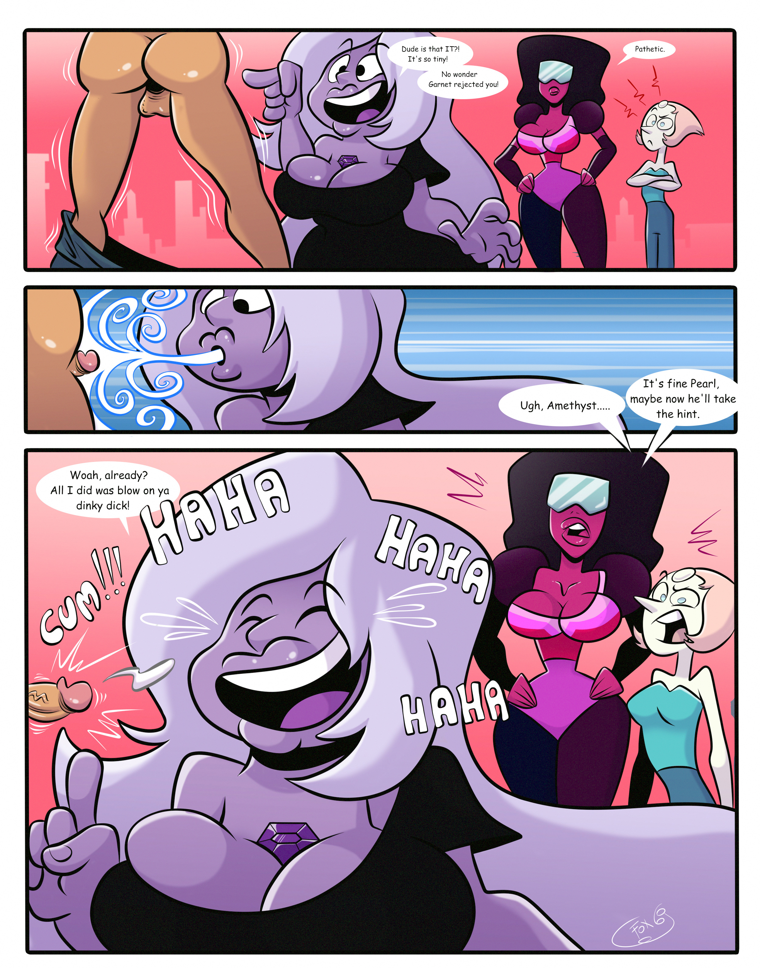 1boy, 3girls, accidental circumstance, adorable, amethyst (steven universe), black hair, blowjob, cum, cum without hands, cumshot, ejaculation, elfox691, english text, femdom, garnet (steven universe), glasses, happy, humiliation, jamie (steven universe), laugh, laughing, orgasm without stimulation, pearl (steven universe), pink hair, pointing, premature ejaculation, premature ejaculation shaming, purple skin, ruined orgasm, small penis, small penis humiliation, smile, steven universe, surprised, surprised expression, unexpected, unexpected cumshot, unwanted cumshot, white hair, white skin