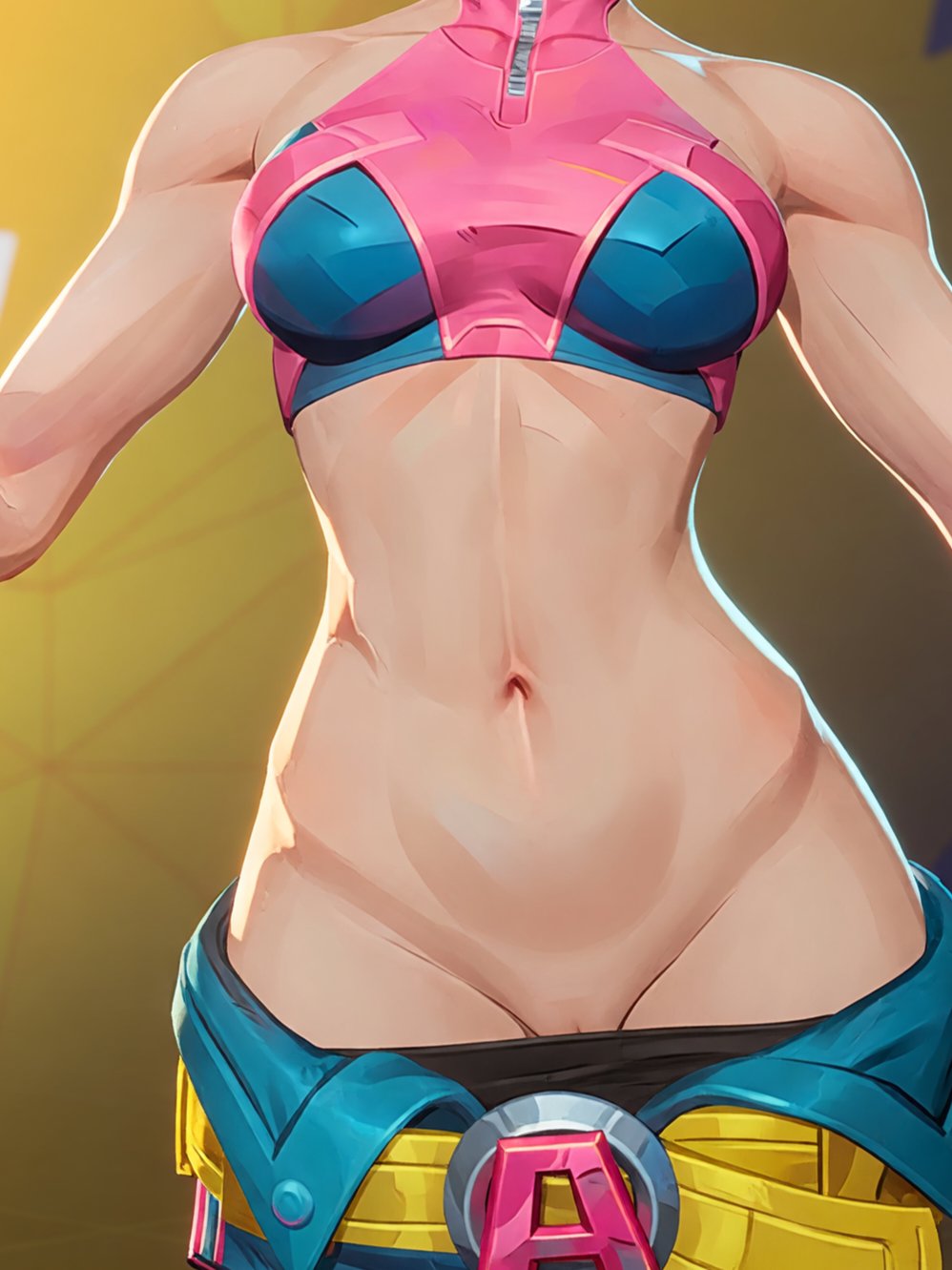 1girls, 3d, bare shoulders, female, female only, female torso, hips, jubilation lee, jubilee, jubilee (marvel rivals), marvel, marvel rivals, midriff, navel, pussy peek, screencap, solo, toned, toned female