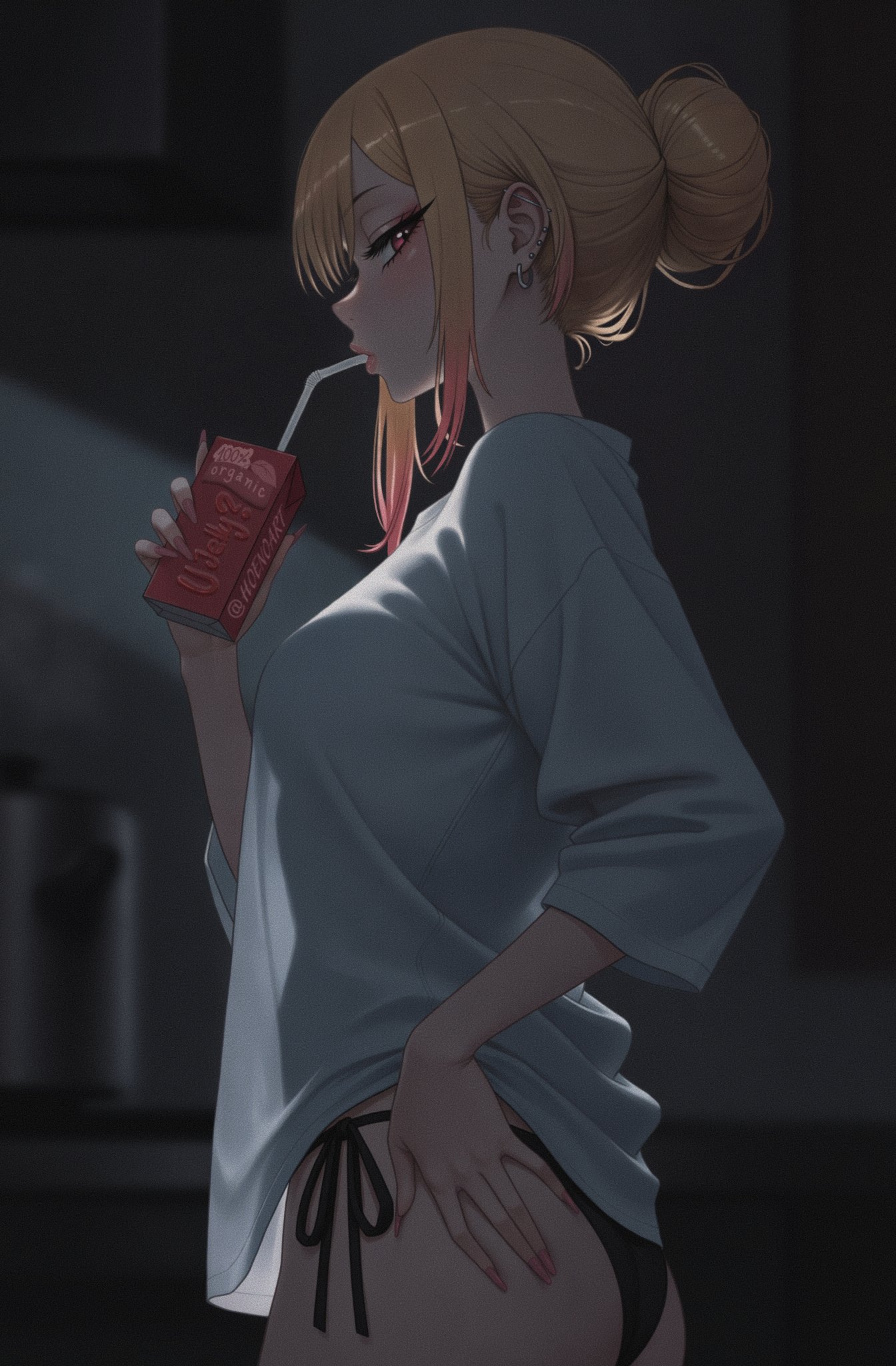 artist signature, ass, blonde hair, drinking, dyed hair, eyelashes, female, female focus, female only, hair bun, hand on ass, high resolution, highres, hoenoart, kitagawa marin, kitchen, lipstick, long eyelashes, long hair, long nails, long sleeves, looking at viewer, makeup, marin kitagawa, my dress up darling, nail polish, night, no bra, panties, pink eyes, pink lipstick, sexy, sexy body, sexy female, sexy pose, tied hair, white shirt