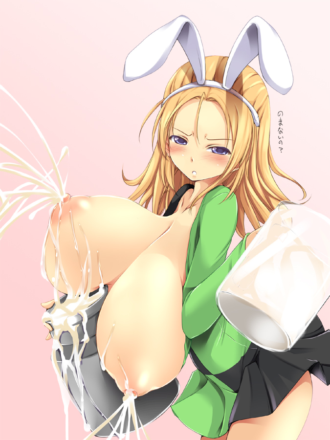 animal_ears areolae bb blonde_hair blush breasts breasts_out bucket_of_milk bunny_ears bunny_girl_(dq8) check_translation clothing cup dragon_quest dragon_quest_viii dress excessive_lactation fct female female_only glass hanging_breasts huge_breasts human lactation large_breasts long_hair milk nipples purple_eyes sdp solo translated unaligned_breasts uncensored