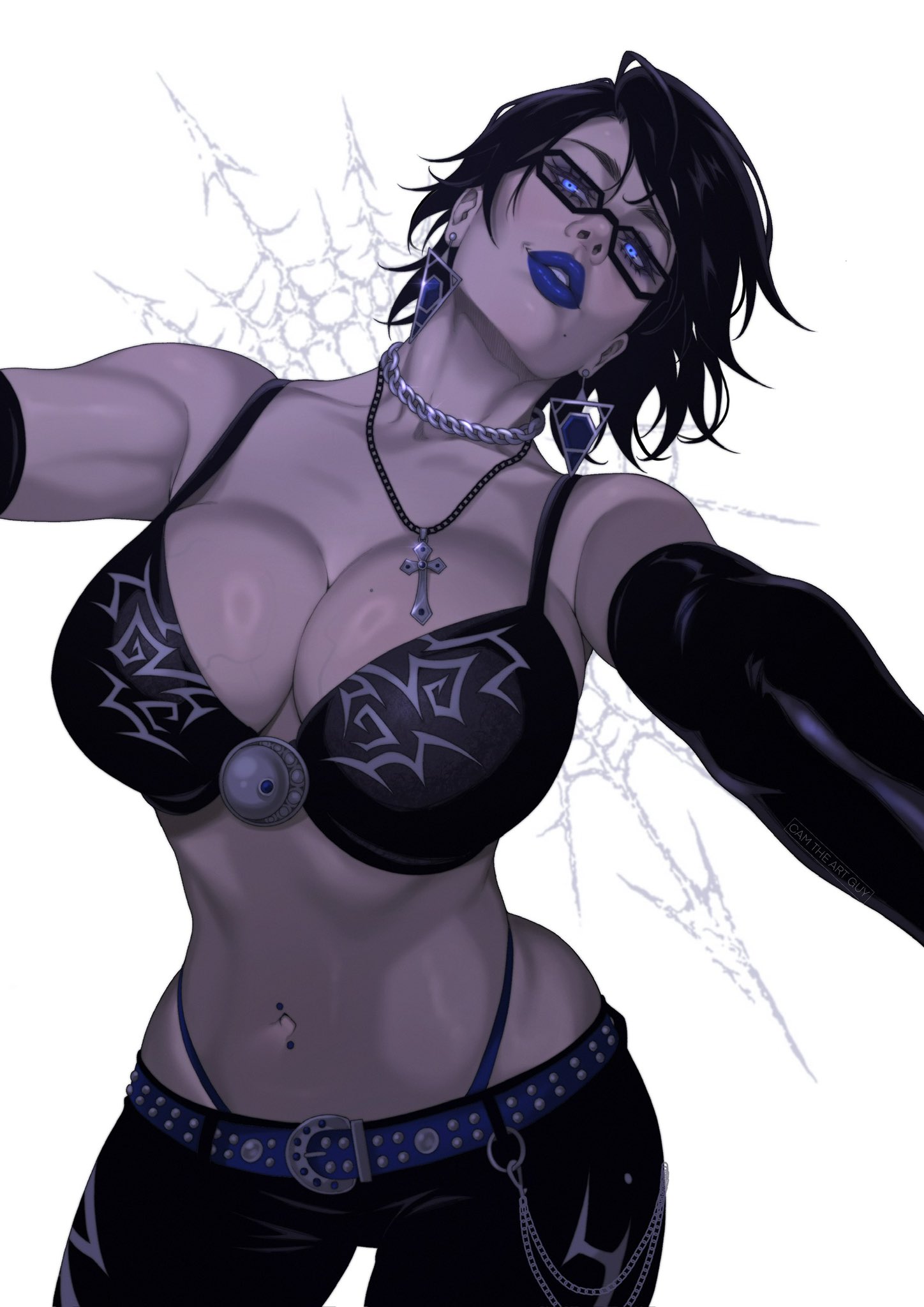 1girls, armwear, bayonetta, bayonetta (character), belly, belly button, belt, black hair, blue eyes, blue lipstick, bra, breasts, camtheartguy, collar, cross, curvaceous, curvy, curvy figure, earrings, female, female focus, female only, fit female, full lips, glasses, hourglass figure, human, human female, large breasts, light-skinned female, looking at viewer, mature female, navel, pants, slim waist, solo, tagme, thong, underwear, veiny breasts, voluptuous, voluptuous female, white background, wide hips