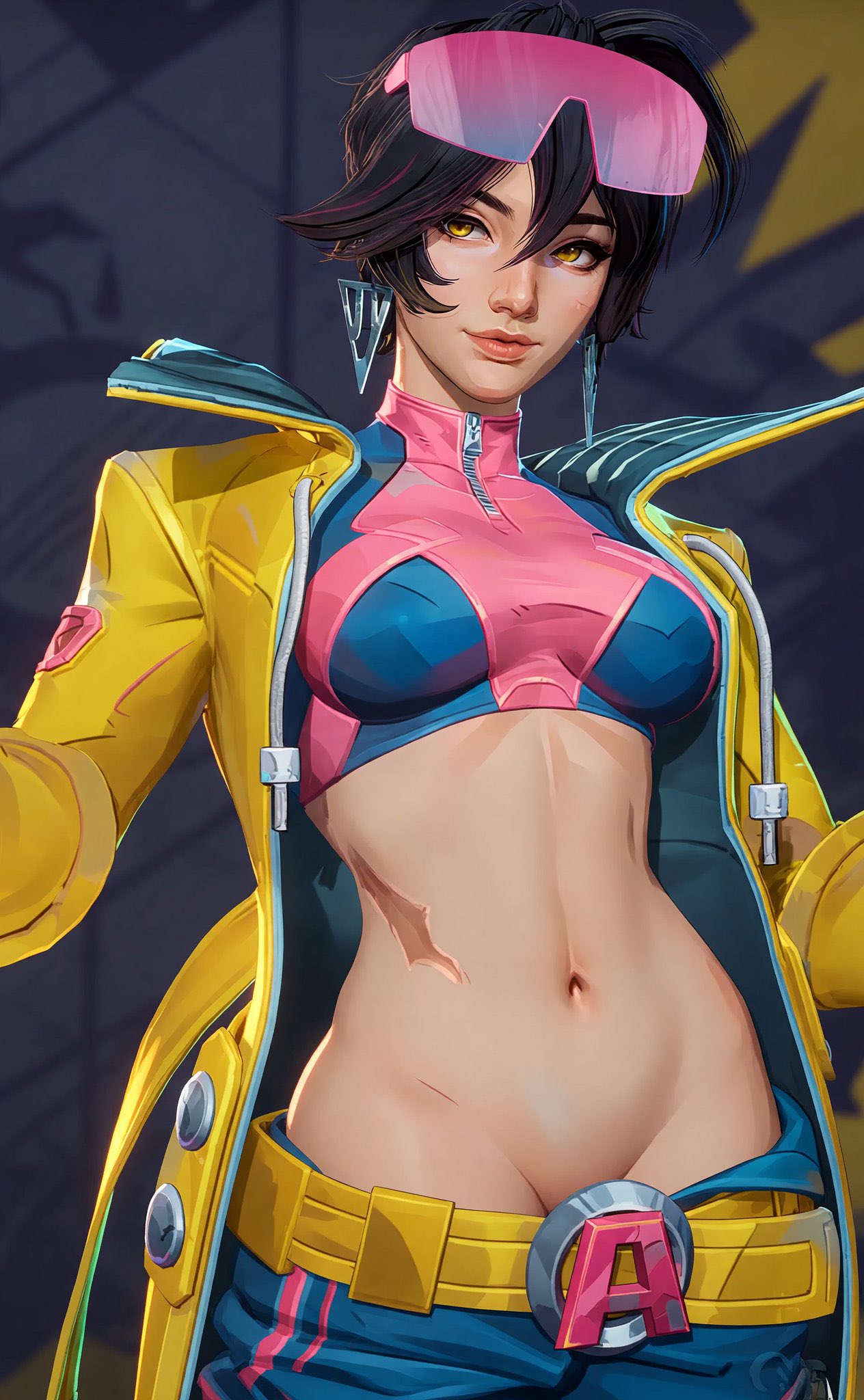 1girls, 3d, arms behind back, arms up, female, female only, female torso, jubilation lee, jubilee, jubilee (marvel rivals), marvel, marvel rivals, midriff, navel, solo