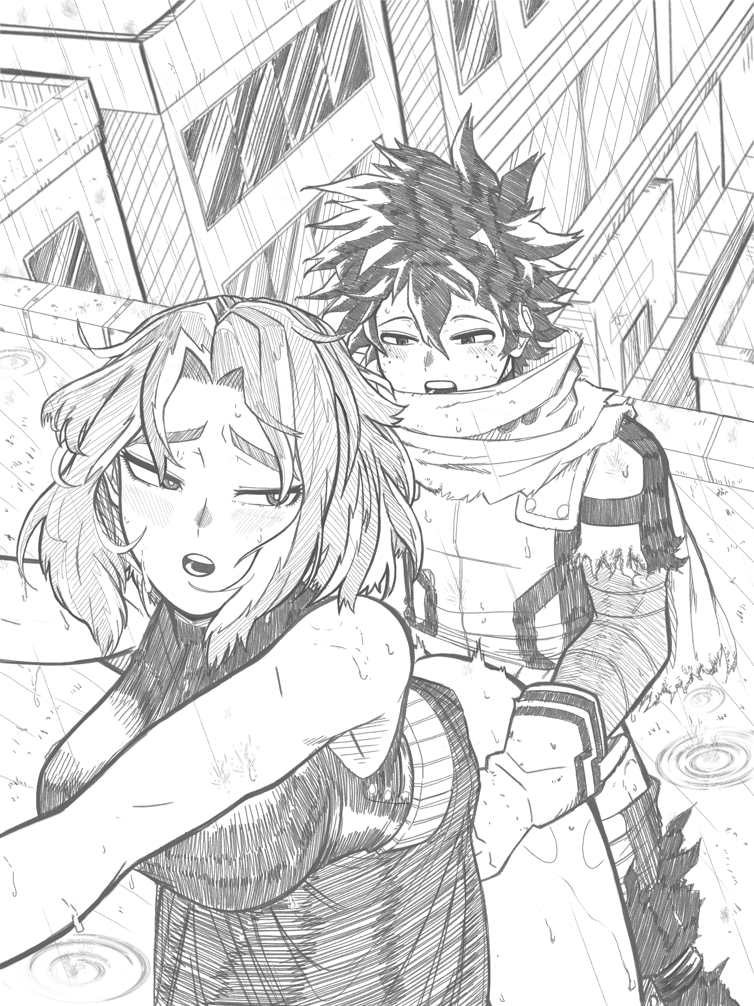 1boy, 1boy1girl, 1girls, against wall, boku no hero academia, doggy position, doggy style, doggystyle, izuku midoriya, izuku midoriya (hero outfit), kaina tsutsumi, lady nagant, looking back, looking pleasured, mizutori, my hero academia, rain, raining, sex, sex from behind, skirt, skirt lift, tsutsumi kaina