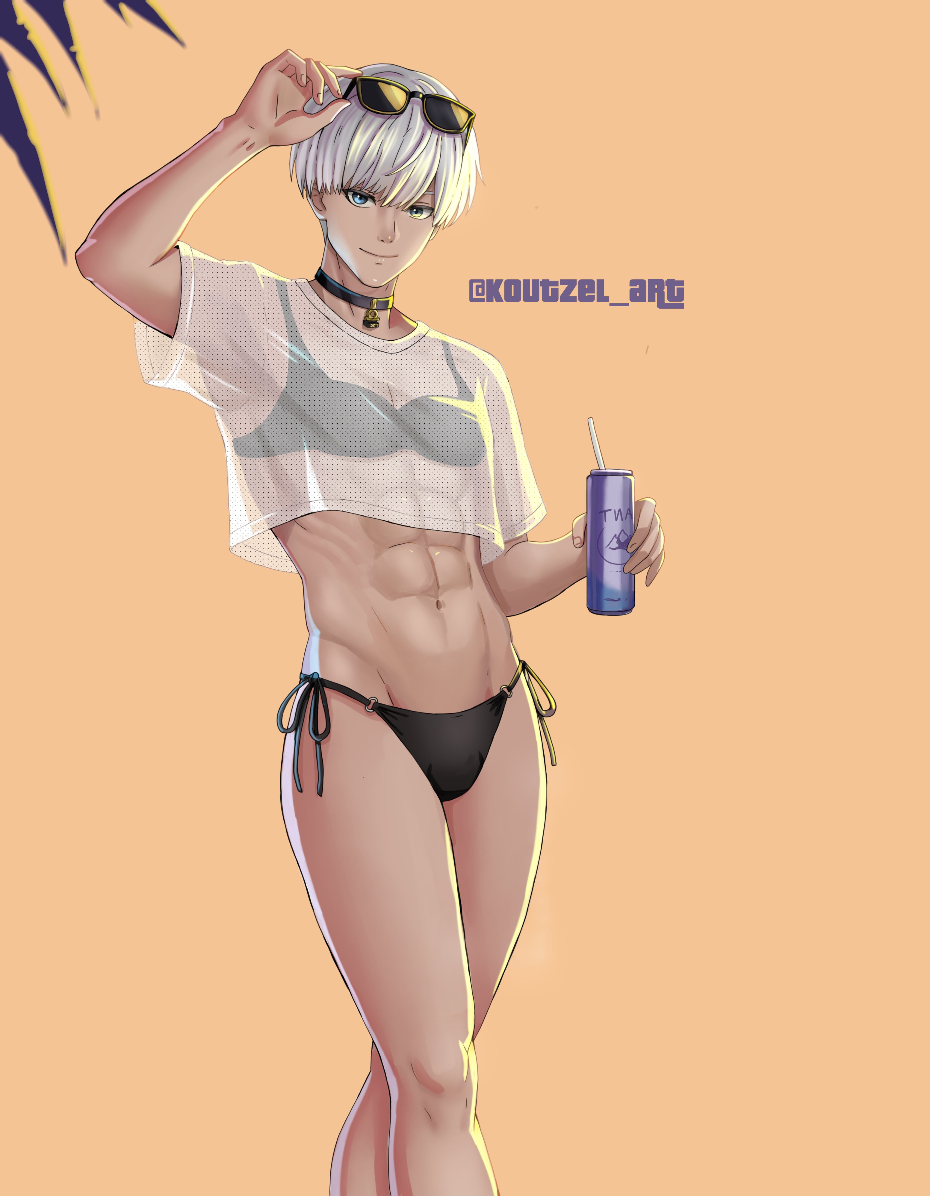 1boy, abs, bikini, blue eyes, bulge, crossdressing, eyewear on head, femboy, grand theft auto, grand theft auto vi, gta vi cover girl, koutzel art, light skin, light-skinned male, looking at viewer, male, male only, nier, nier: automata, short hair, sunglasses, trap, white hair, yorha 9s