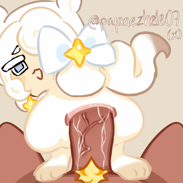 animated back_view blue_eyes cookie_run_kingdom cookie_run_ovenbreak cream_ferret_cookie gif huge_cock riding_cock riding_penis size_difference tan_body timekeeper_cookie white_fur winking_at_viewer yellow_pubes