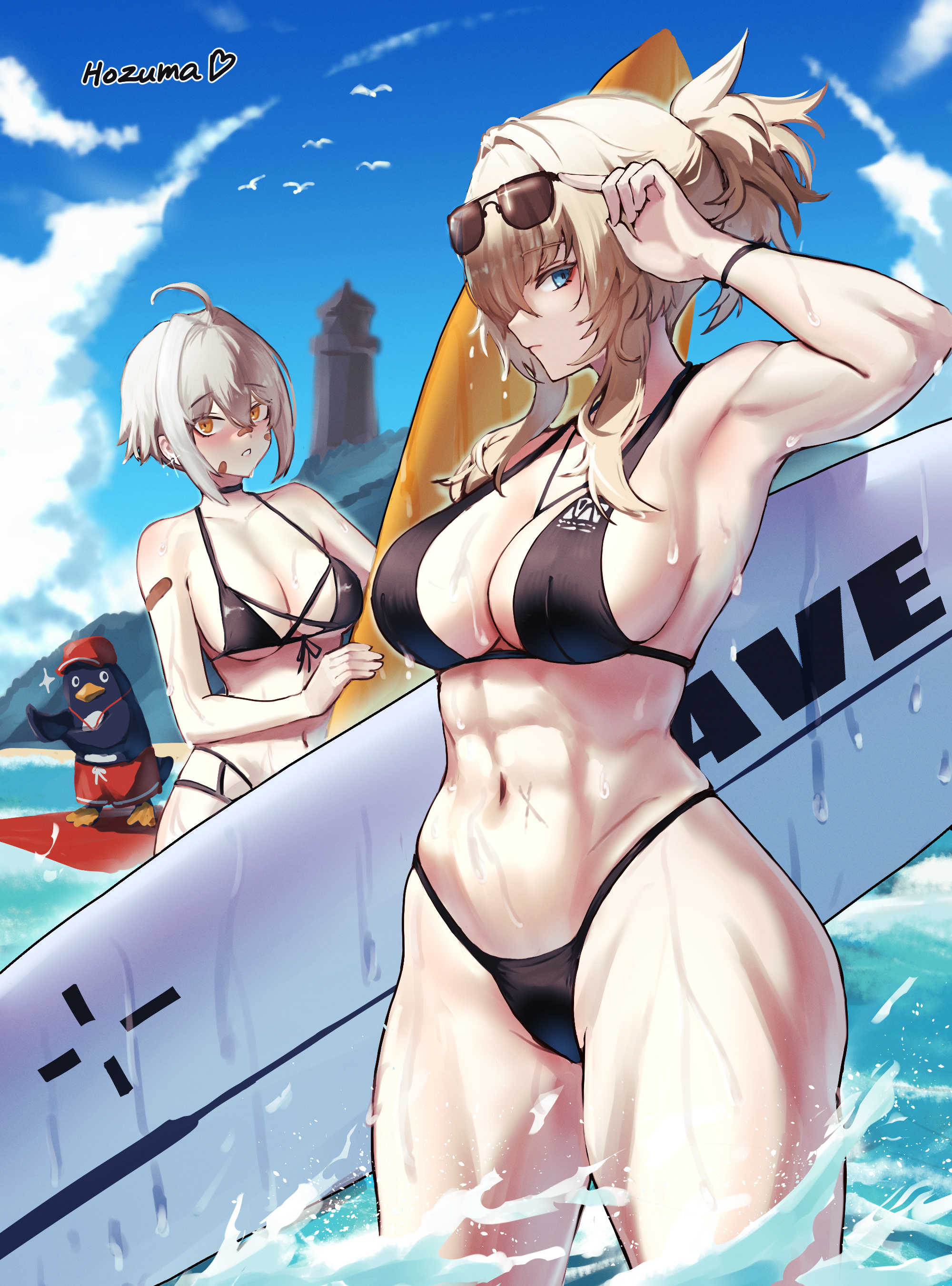 2girls, abs, ahoge, armpits, arms up, artist name, bandage, beach, bikini, female only, goddess of victory: nikke, grave (nikke), medium breasts, mori (nikke), muscular, muscular female, scar, short hair, swimsuit, thick thighs, tomboy, wet, wide hips