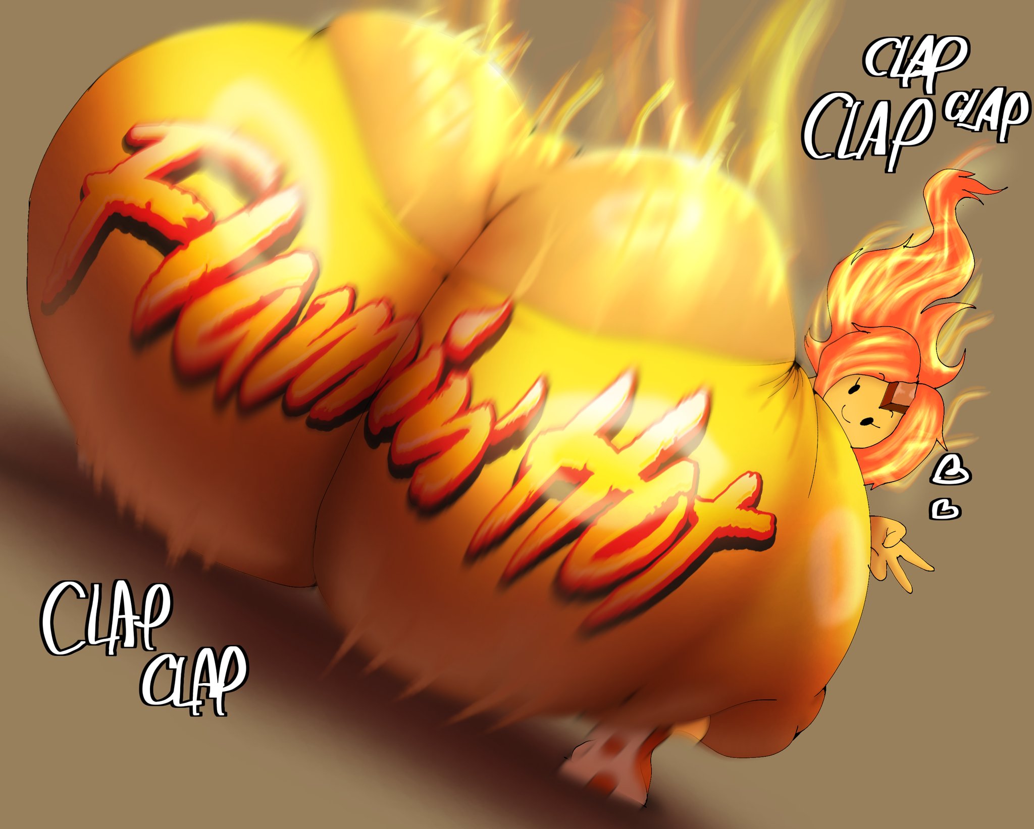 1girl, adventure time, ass cleavage, ass crack, bottomwear, bottomwear halfway down, bubble butt, butt cleavage, butt crack, clapping ass, clapping cheeks, fire hair, flame princess, huge ass, novelty pants, orange skin, thedeathcrow05, twerking