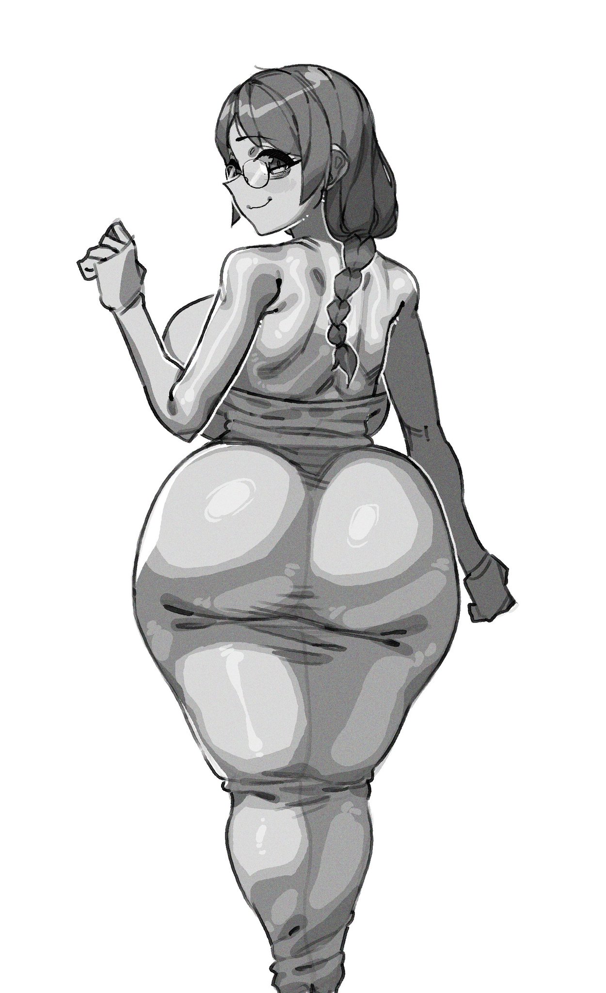 ass, big ass, big breasts, breasts, dress, glasses, hanekawa tsubasa, huge ass, huge breasts, looking at viewer, looking back, makinakid, monogatari (series), smile, tight clothing