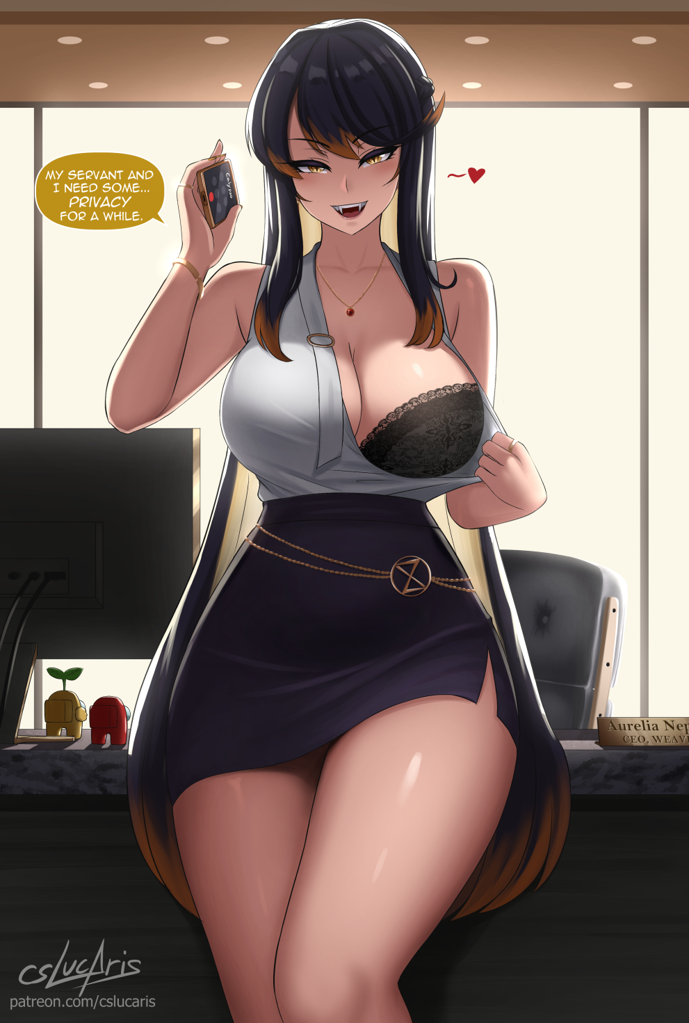 1girls, artist name, artist signature, aurelia (cslucaris), big breasts, black hair, black skirt, bra peek, cslucaris, english text, indoors, leaning on table, long hair, looking at viewer, office clothing, on the phone, original, phone call, revealing breasts, speech bubble, streaked hair, teasing viewer, yellow streak