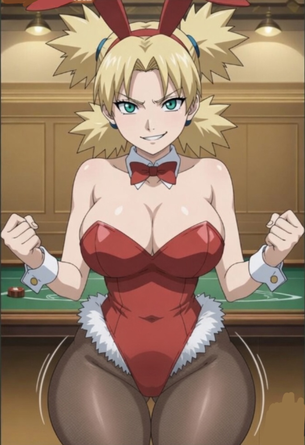 1girl, big breasts, blonde female, blonde hair, boruto, boruto: naruto next generations, bunny costume, bunny ear, bunny girl, bunnysuit, clothing, female, female only, huge breasts, nara temari, naruto, naruto (series), naruto shippuden, red suit, short hair, temari, temari (naruto), thick thighs