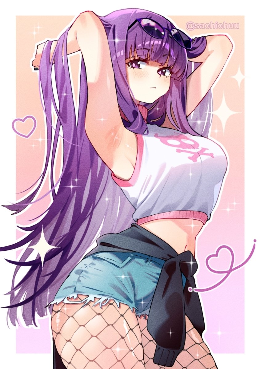 1girls, cutoff jeans, fern (sousou no frieren), fishnet legwear, fishnet stockings, fishnets, hands behind head, hands in hair, long hair, purple eyes, purple hair, sachichuu, solo, sousou no frieren, sunglasses on head, sweater around waist