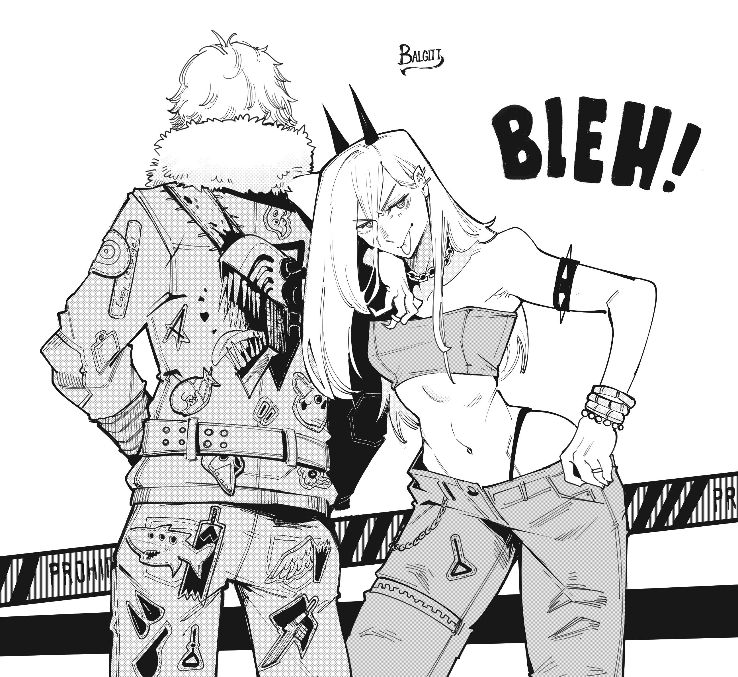 1boy1girl, artist name, belly, belly button, belt, bracelet, chainsaw man, collar, demon girl, denji (chainsaw man), ear piercing, horn, jacket, long hair, looking at viewer, midriff, pants, power (chainsaw man), ring, shounen jump, silly, slim waist, tagme, text, thong, tongue, tongue out, victorbalgitt, white background