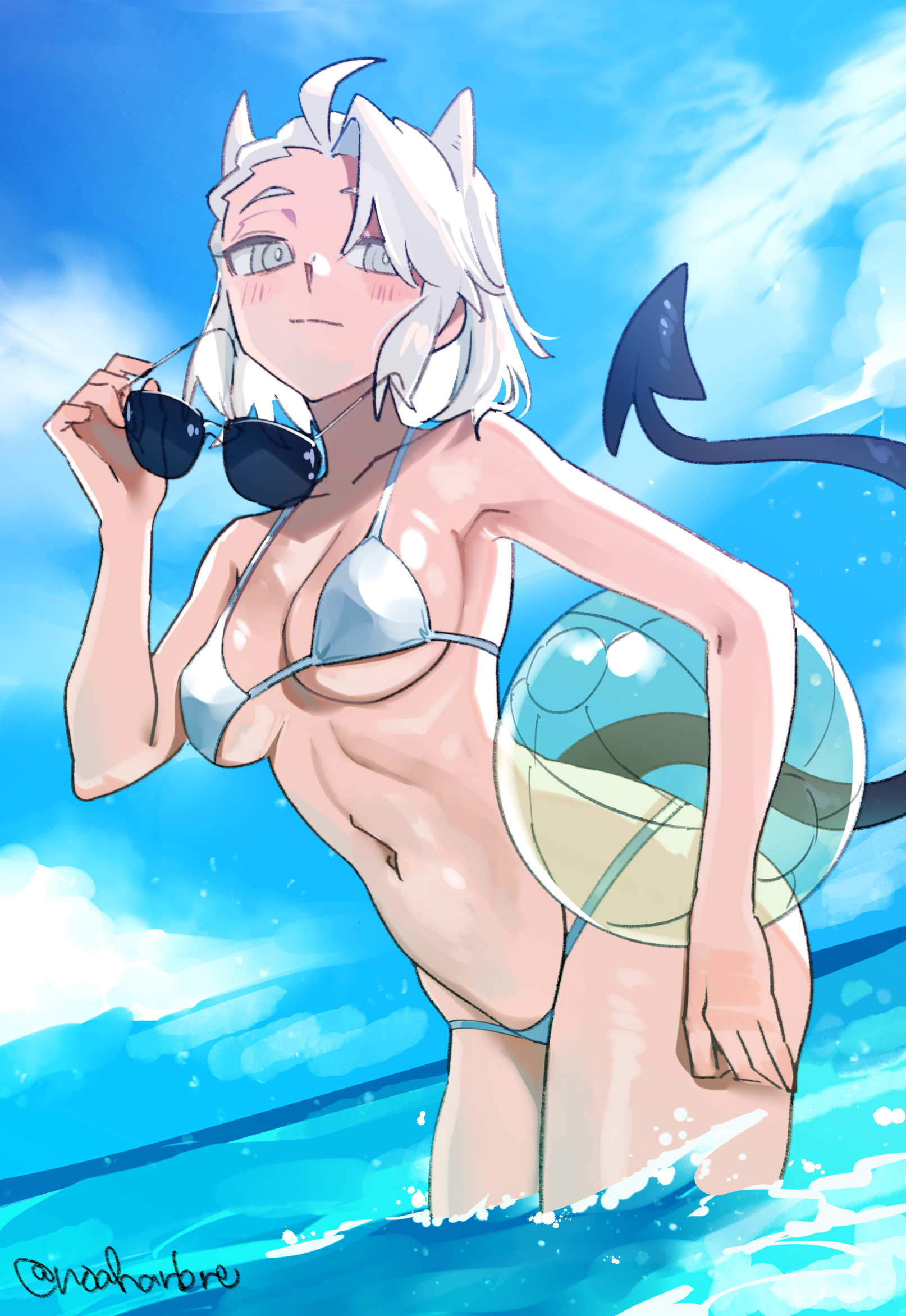 bikini, demon, demon girl, demon horns, demon tail, helltaker, justice (helltaker), large breasts, noah (tettsui-sole), noaharbre, tagme, white hair