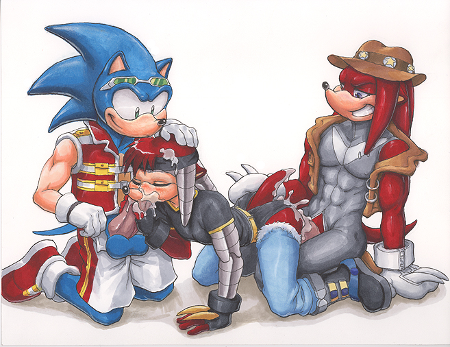 3boys anthro blue_fur cum echidna fur furry furry_only green_eyes hedgehog interspecies kneeling knuckles_the_echidna leostar male male_only mammal monotreme multiple_males no_humans penis ratcandy sega sonic_(series) sonic_the_hedgehog_(series) straight_hair testicles threesome yaoi