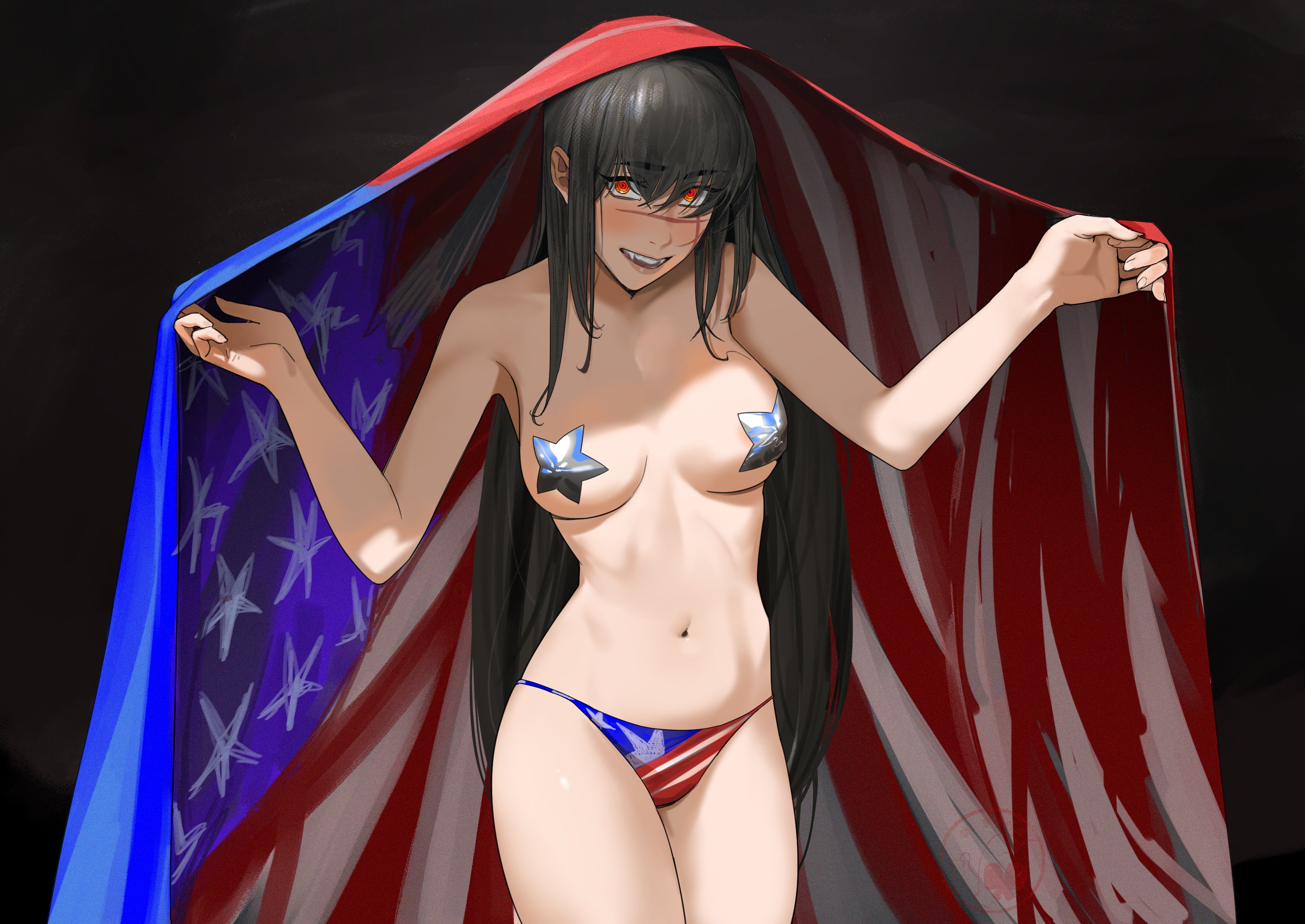1girls, 4th of july, american flag, american flag bikini, black hair, blush, blushing, breasts, chainsaw man, female, female only, female torso, hong doo, hourglass figure, long hair, looking at viewer, medium breasts, navel, no bra, panties, pasties, petite, red eyes, scar, scar on face, slim waist, solo, solo female, standing, star pasties, thighs, topless, yoru (chainsaw man)