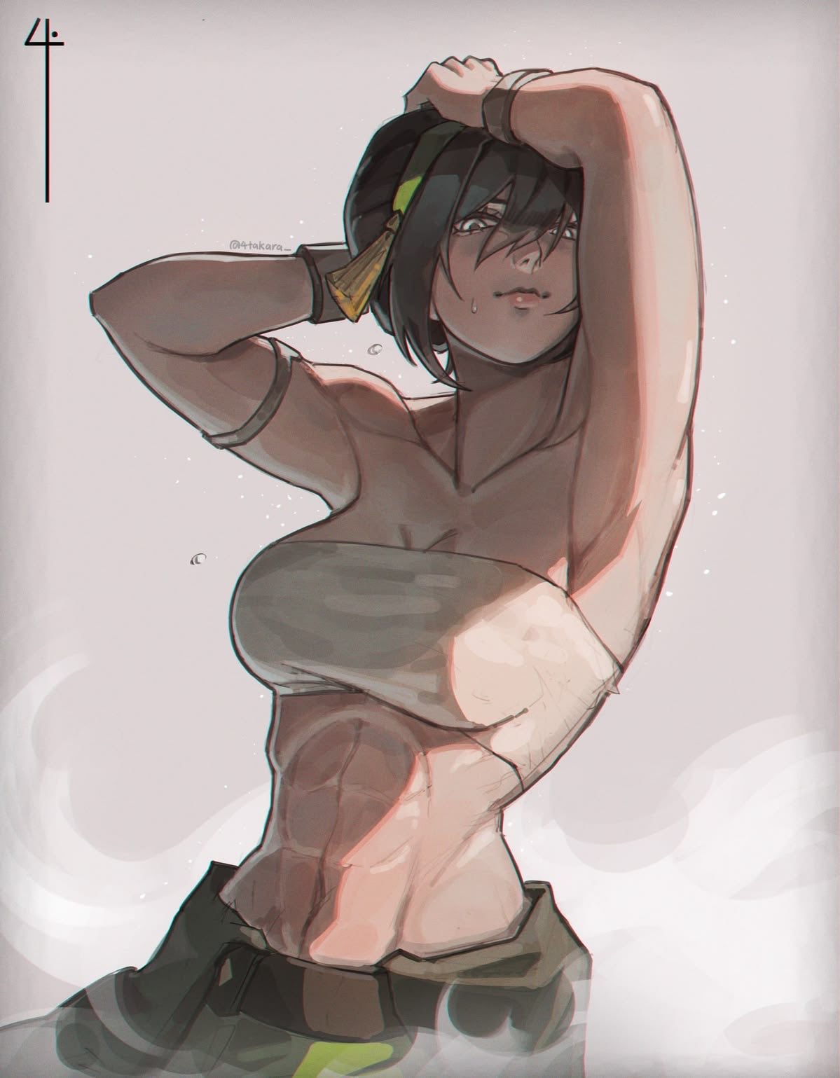 1girls, abs, armband, armpits, arms above head, arms up, avatar the last airbender, black hair, bracelet, bracelets, breasts, female, female focus, female only, fit female, hair band, hair between eyes, hair bun, hair ornament, hairband, hands on head, hands on own head, looking at viewer, midriff, muscle mommy, muscular, muscular female, pants, six pack, slim waist, solo, solo female, solo focus, sweat, the legend of aang, tomboy, toned female, toph bei fong, topwear, tubetop, upper body, young adult
