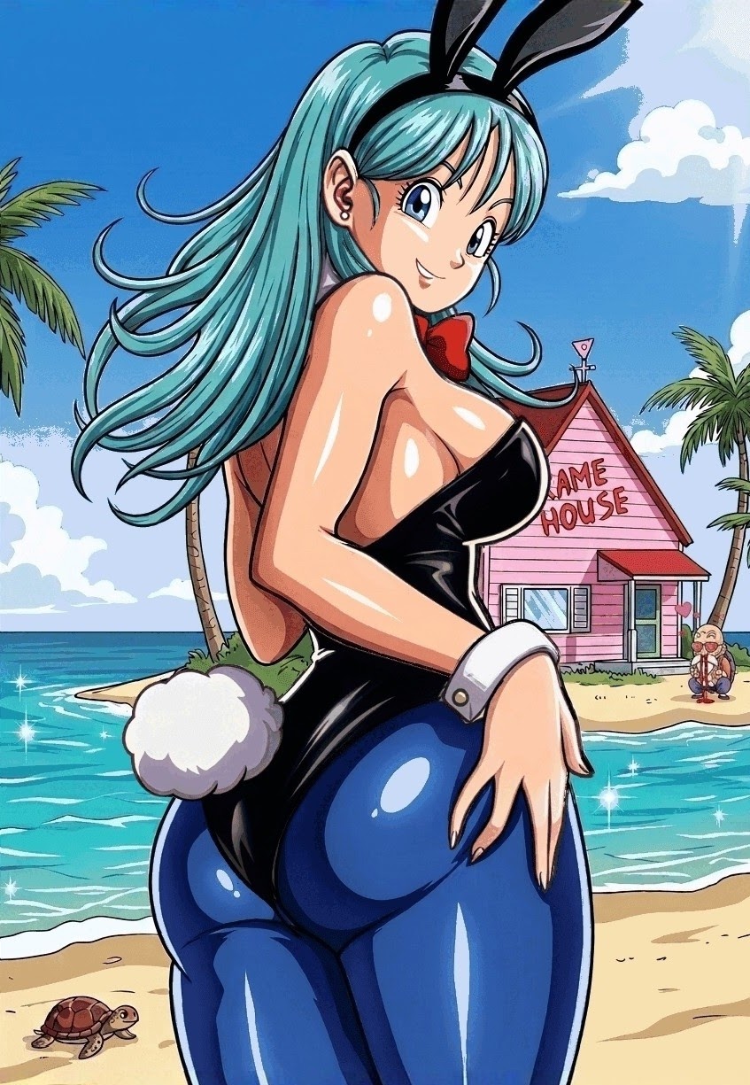 anime_girl ass_focus ass_grab big_ass big_breasts big_butt big_thighs blue_eyes blue_hair bulma_briefs bunny_ears bunnysuit dragon_ball hot huge_ass huge_butt huge_thighs kame_house leather master_roshi sexy_pose