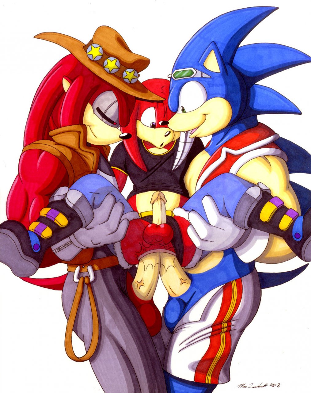 2006 3boys anthro blue_fur double_anal echidna fur furry furry_only green_eyes hedgehog highres interspecies knuckles_the_echidna leostar male male_only mammal marc_leonhardt monotreme multiple_males no_humans penis sega sex sonic_(series) sonic_the_hedgehog sonic_the_hedgehog_(series) straight_hair testicles text threesome yaoi